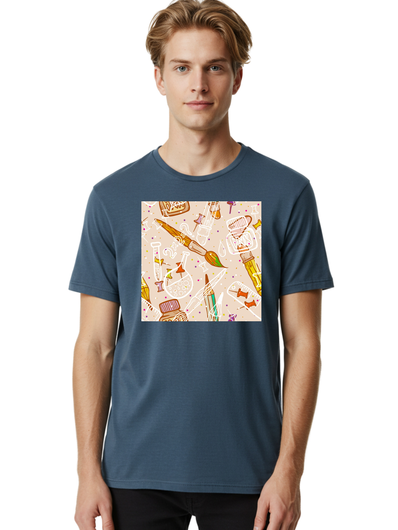 Art-And-Science Men'S Graphic Tee, 100% Cotton, Comfortable Casual Summer Wear, Machine Washable, Science And Art Supplies, Beakers, Test Tubes, Paintbrushes, Pencils, Creative Tools, Artistic Expression, Scientific Experimentation, Aac378 6