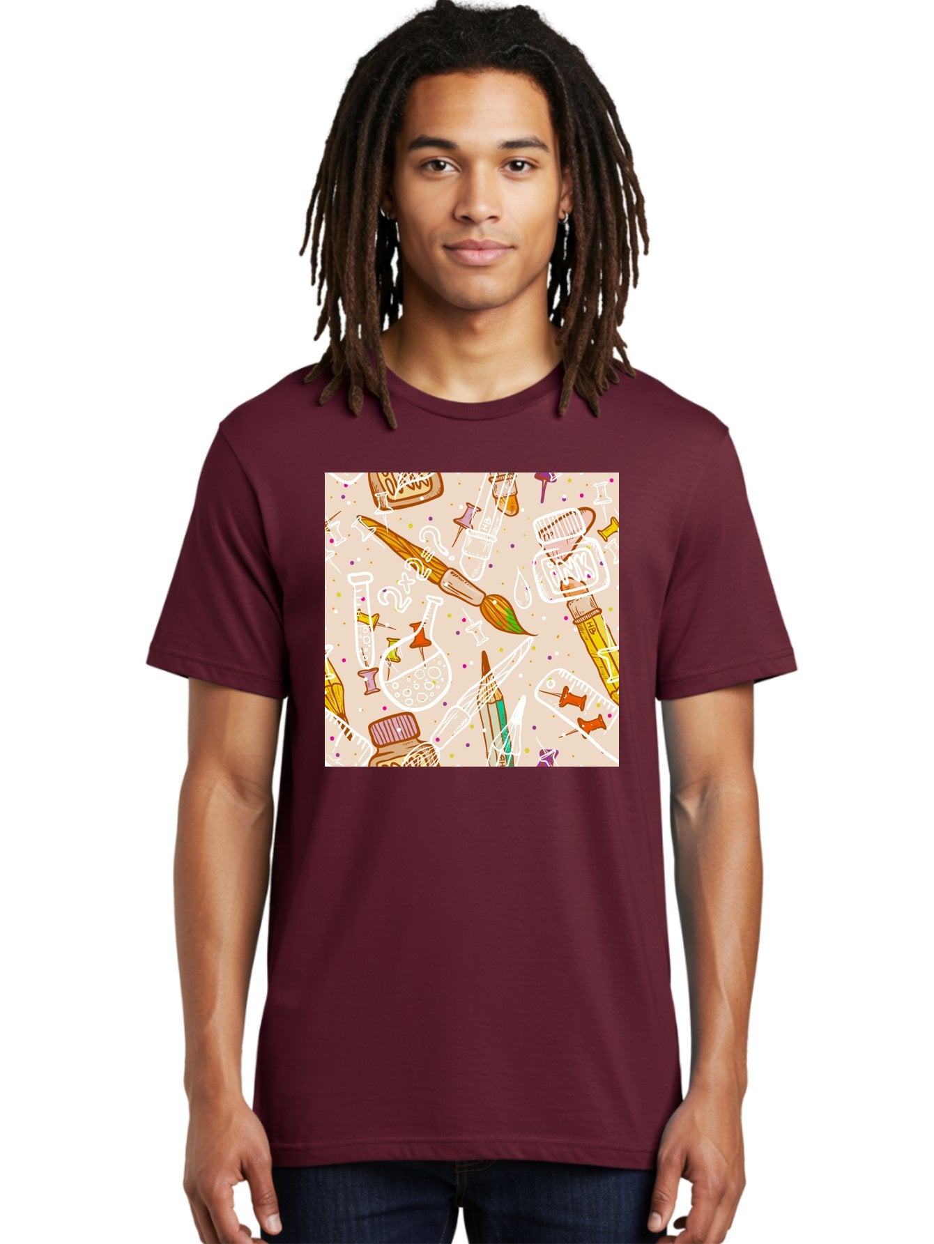 Art-And-Science Men'S Graphic Tee, 100% Cotton, Comfortable Casual Summer Wear, Machine Washable, Science And Art Supplies, Beakers, Test Tubes, Paintbrushes, Pencils, Creative Tools, Artistic Expression, Scientific Experimentation, Aac378 29