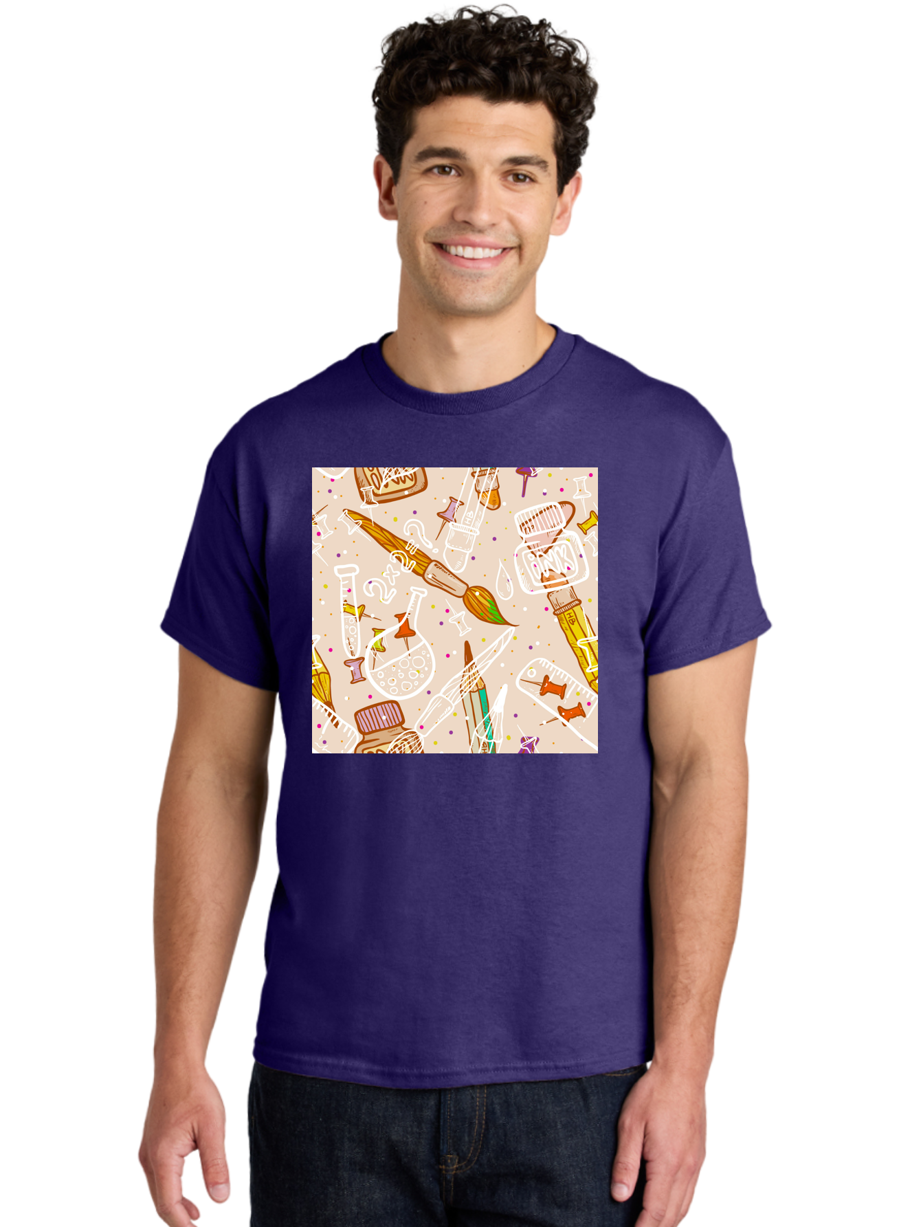 Art-And-Science Men'S Graphic Tee, 100% Cotton, Comfortable Casual Summer Wear, Machine Washable, Science And Art Supplies, Beakers, Test Tubes, Paintbrushes, Pencils, Creative Tools, Artistic Expression, Scientific Experimentation, Aac378 8