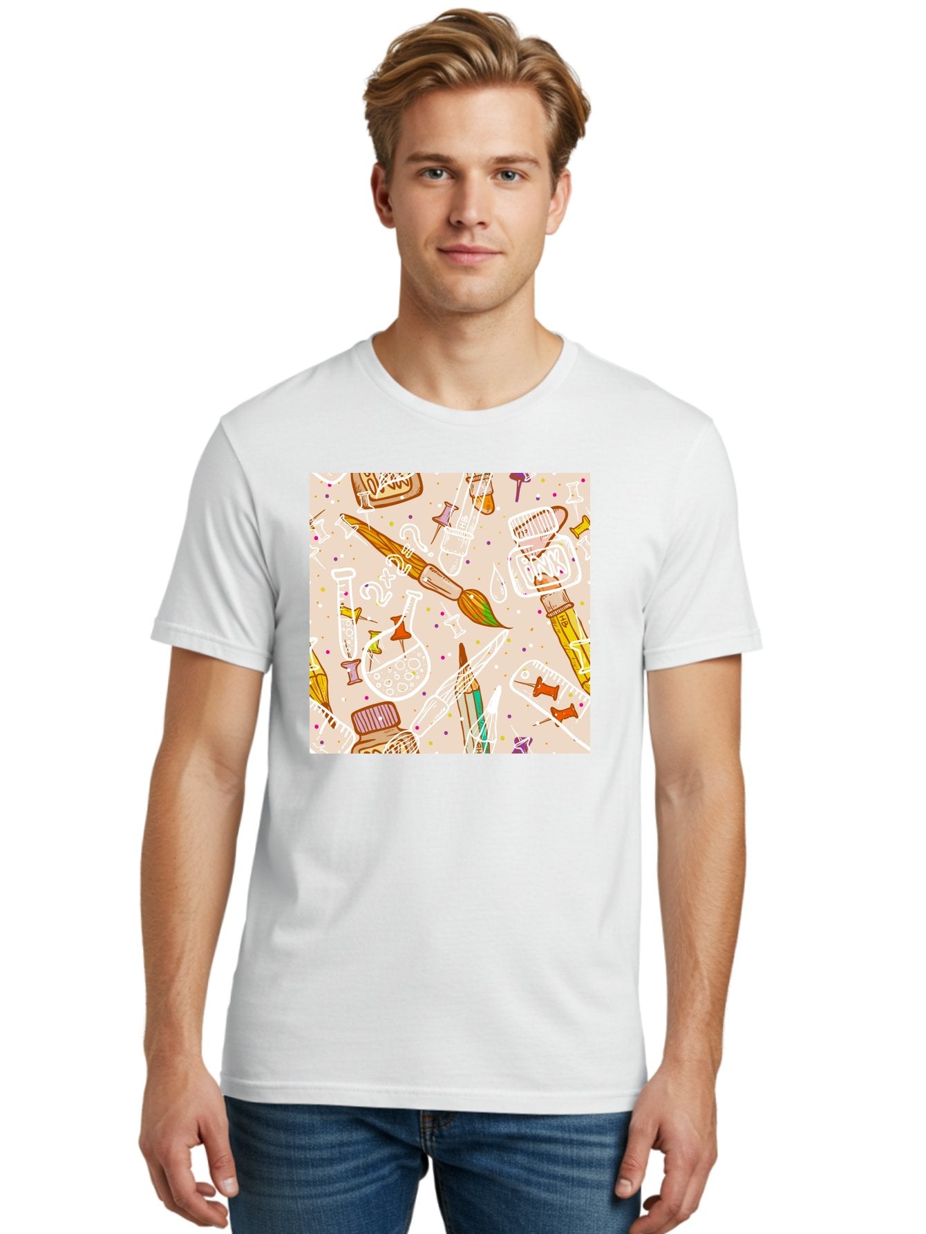 Art-And-Science Men'S Graphic Tee, 100% Cotton, Comfortable Casual Summer Wear, Machine Washable, Science And Art Supplies, Beakers, Test Tubes, Paintbrushes, Pencils, Creative Tools, Artistic Expression, Scientific Experimentation, Aac378 17