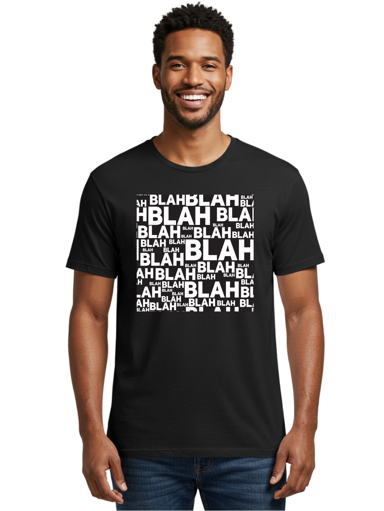 Blah Men'S Graphic Tee, 100% Cotton, Comfortable Casual Summer Wear, Machine Washable, Repetitive Text, Blah Blah, White Font, Black Background, Meaningless Words, Corporate Jargon, Office Chatter, Meaningless Speech, Empty Talk, Aac379 25