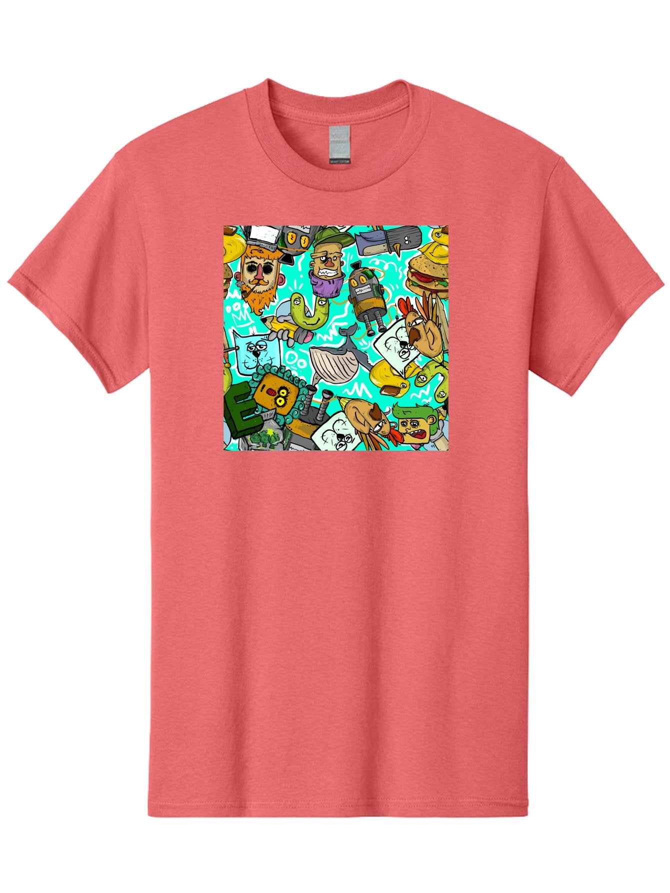 Cartoon-Characters Men'S Graphic Tee, 100% Cotton, Comfortable Casual Summer Wear, Machine Washable, Cartoon Robots, Doodle Art, Animal Characters, Quirky Illustrations, Robots And Animals Together, Digital Art, Eclectic, Creative, Aac380