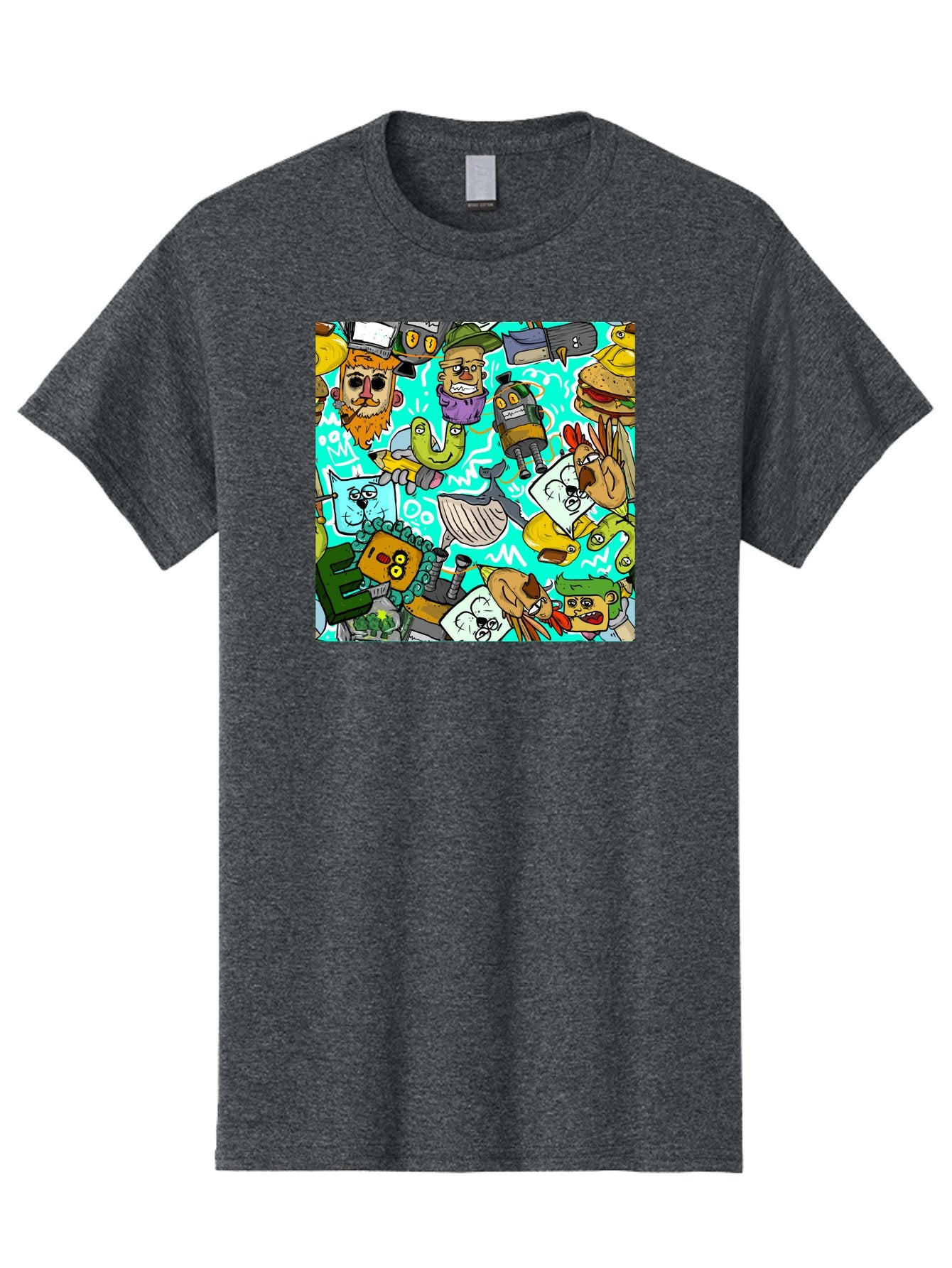 Cartoon-Characters Men'S Graphic Tee, 100% Cotton, Comfortable Casual Summer Wear, Machine Washable, Cartoon Robots, Doodle Art, Animal Characters, Quirky Illustrations, Robots And Animals Together, Digital Art, Eclectic, Creative, Aac380 4