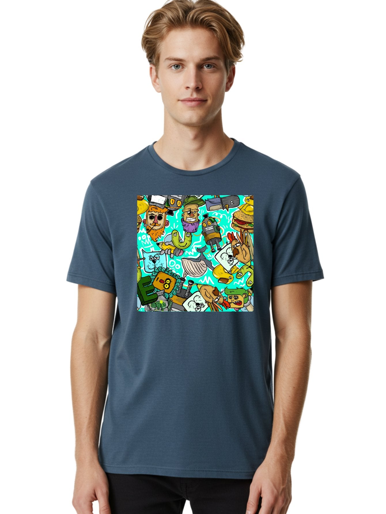 Cartoon-Characters Men'S Graphic Tee, 100% Cotton, Comfortable Casual Summer Wear, Machine Washable, Cartoon Robots, Doodle Art, Animal Characters, Quirky Illustrations, Robots And Animals Together, Digital Art, Eclectic, Creative, Aac380 27