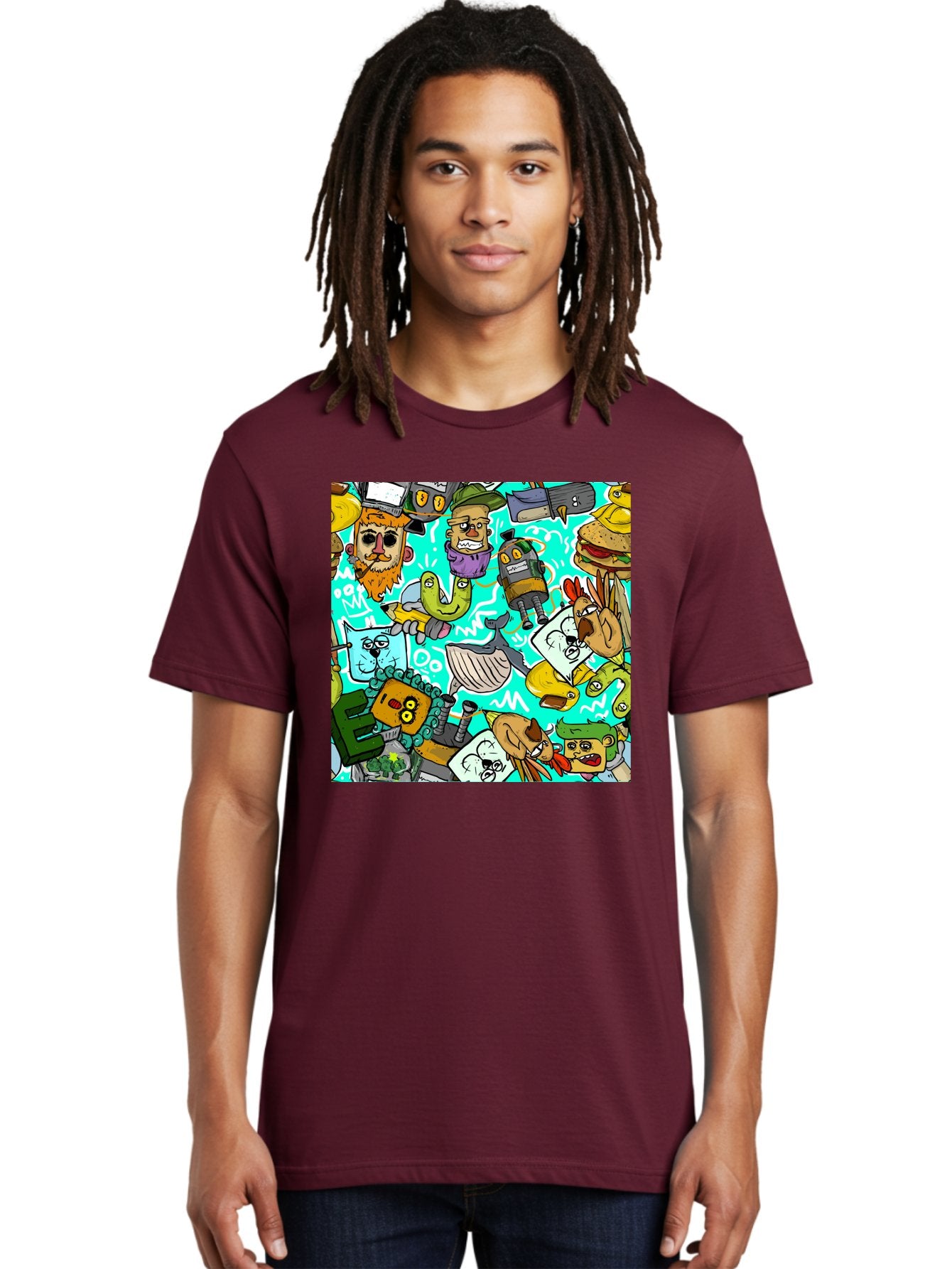 Cartoon-Characters Men'S Graphic Tee, 100% Cotton, Comfortable Casual Summer Wear, Machine Washable, Cartoon Robots, Doodle Art, Animal Characters, Quirky Illustrations, Robots And Animals Together, Digital Art, Eclectic, Creative, Aac380 30