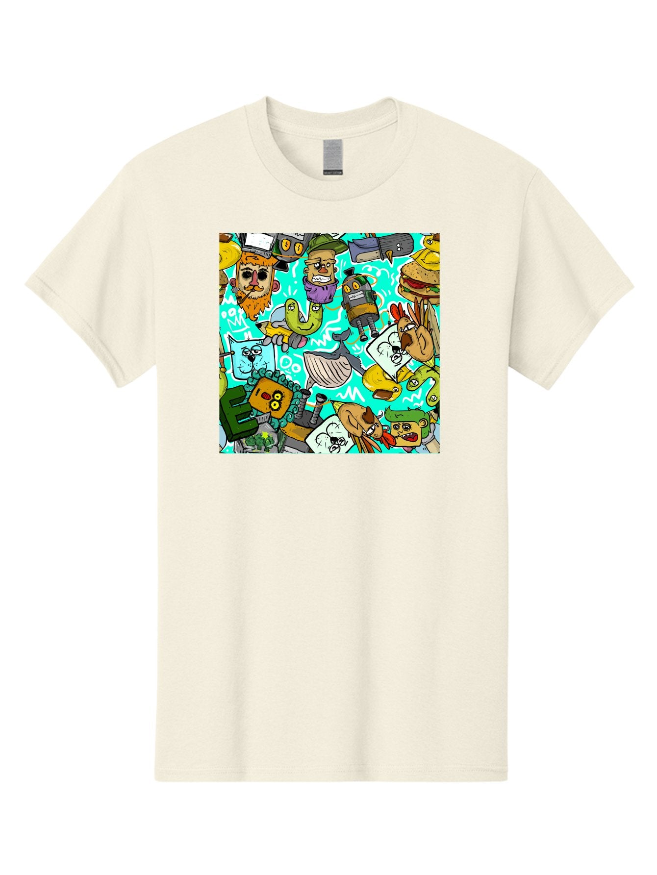 Cartoon-Characters Men'S Graphic Tee, 100% Cotton, Comfortable Casual Summer Wear, Machine Washable, Cartoon Robots, Doodle Art, Animal Characters, Quirky Illustrations, Robots And Animals Together, Digital Art, Eclectic, Creative, Aac380 8