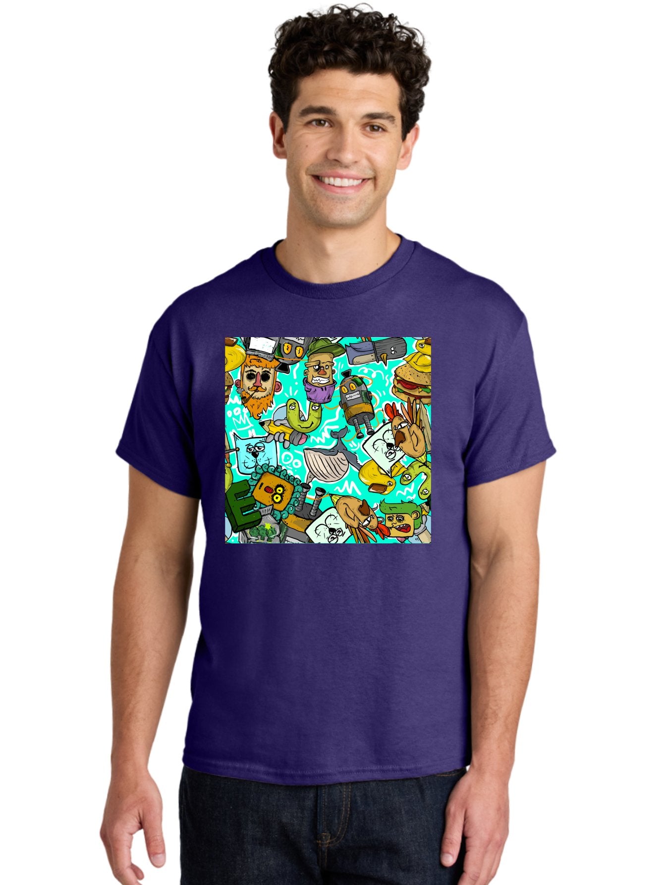 Cartoon-Characters Men'S Graphic Tee, 100% Cotton, Comfortable Casual Summer Wear, Machine Washable, Cartoon Robots, Doodle Art, Animal Characters, Quirky Illustrations, Robots And Animals Together, Digital Art, Eclectic, Creative, Aac380 20