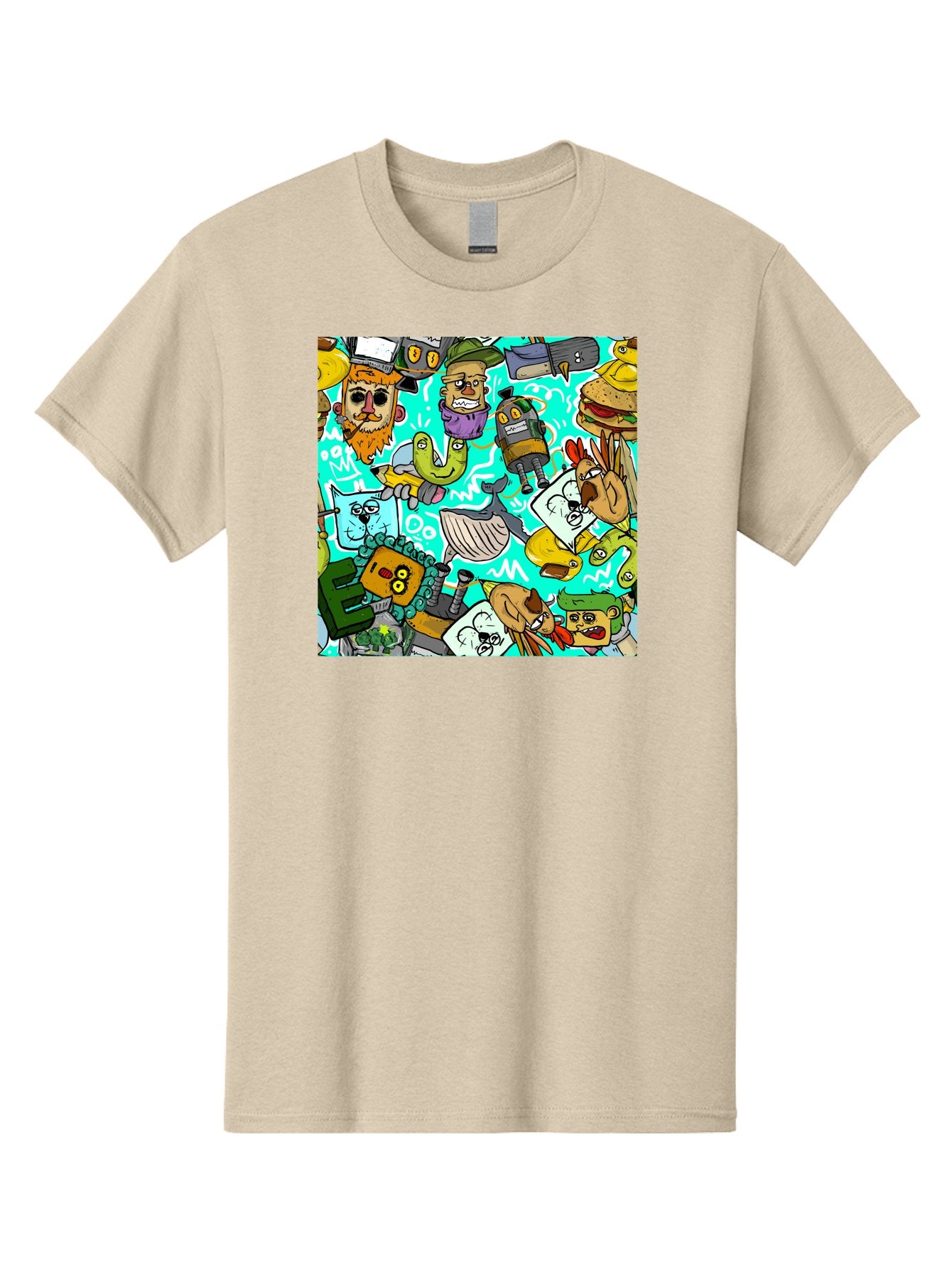 Cartoon-Characters Men'S Graphic Tee, 100% Cotton, Comfortable Casual Summer Wear, Machine Washable, Cartoon Robots, Doodle Art, Animal Characters, Quirky Illustrations, Robots And Animals Together, Digital Art, Eclectic, Creative, Aac380 6