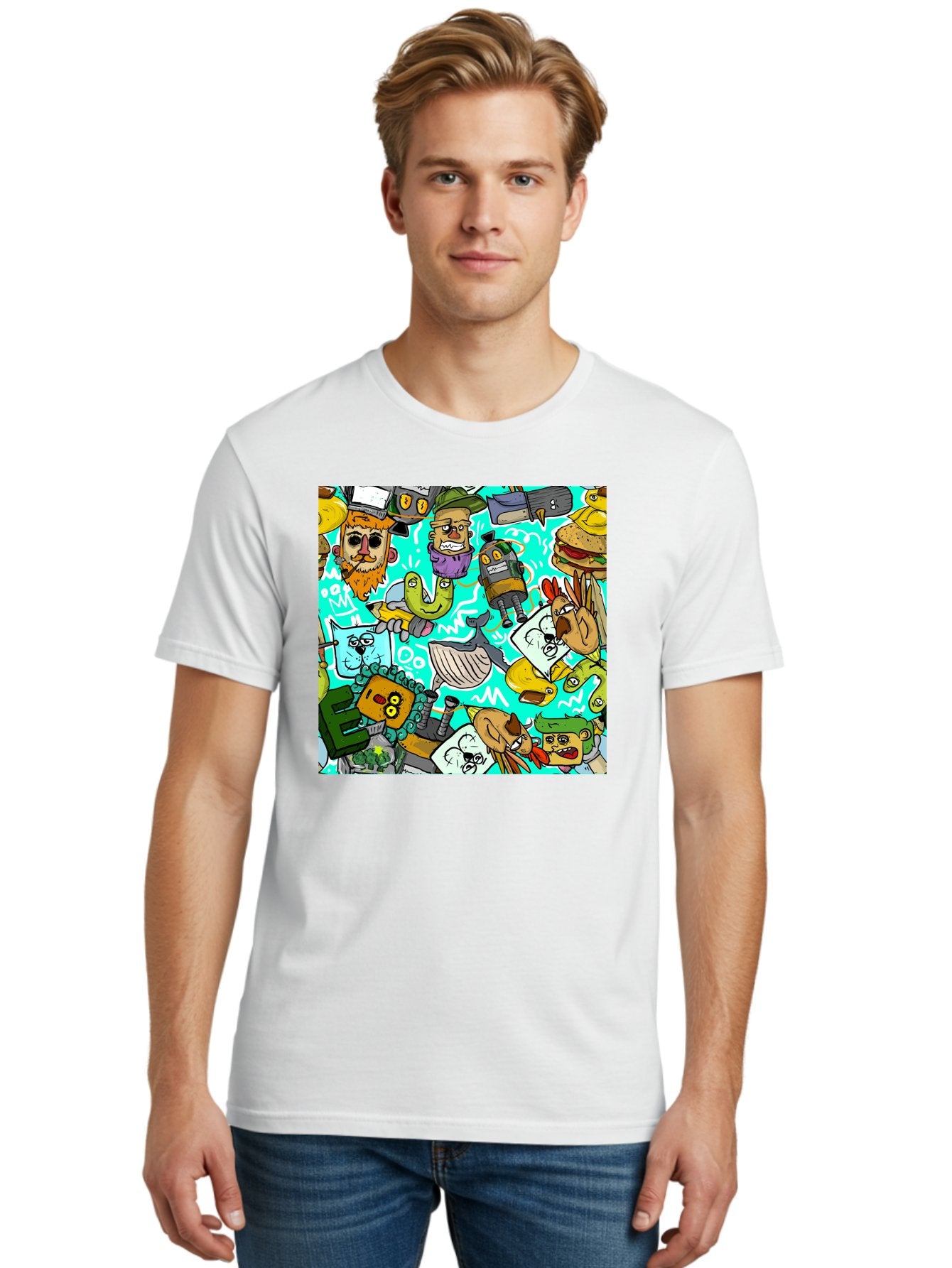 Cartoon-Characters Men'S Graphic Tee, 100% Cotton, Comfortable Casual Summer Wear, Machine Washable, Cartoon Robots, Doodle Art, Animal Characters, Quirky Illustrations, Robots And Animals Together, Digital Art, Eclectic, Creative, Aac380 28