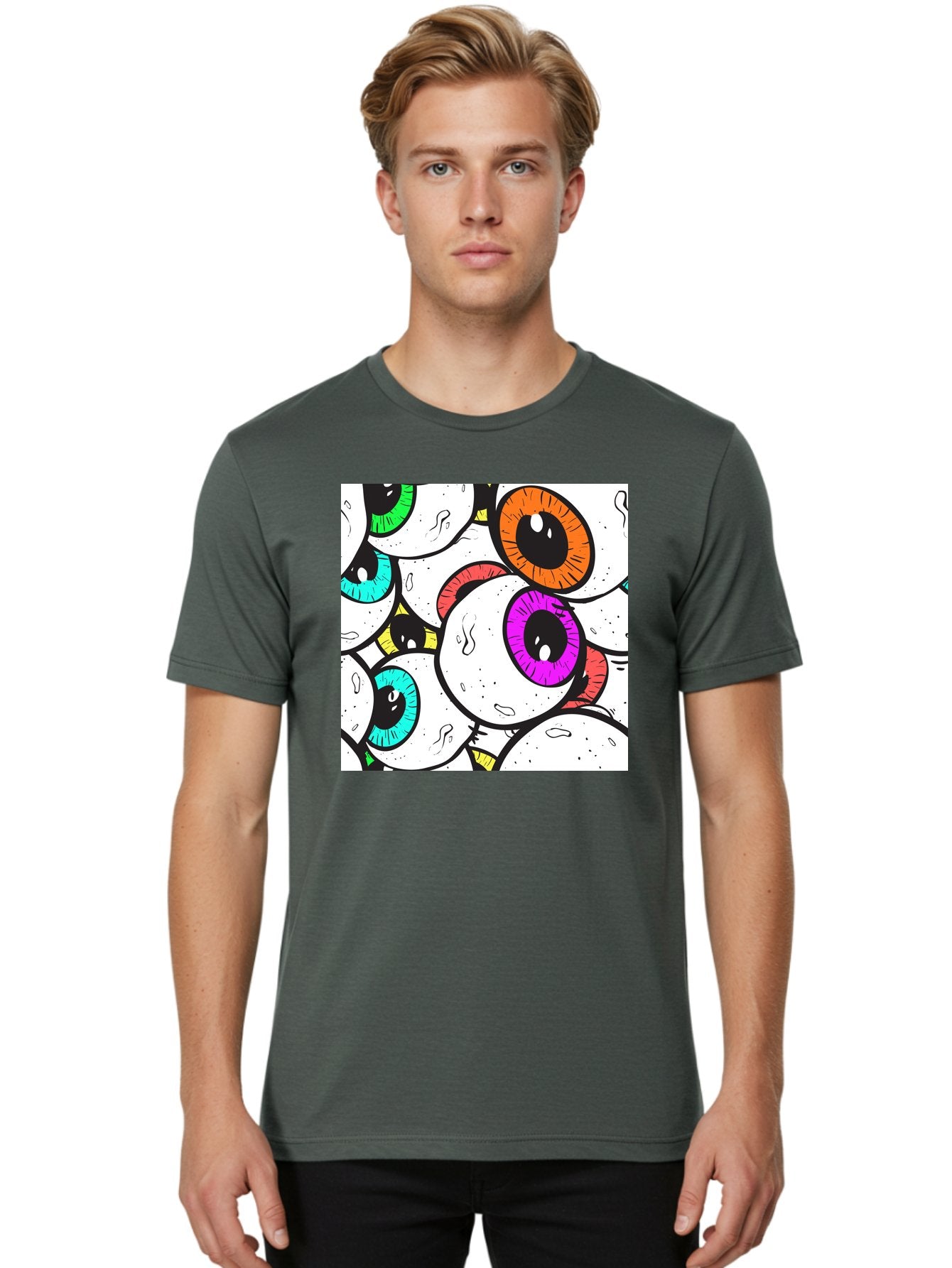 Cartoon-Eyes Men'S Graphic Tee, 100% Cotton, Comfortable Casual Summer Wear, Machine Washable, Cartoon Eyes, Vibrant Colors, Colorful Irises, Eyeballs, Illustration Art, Quirky Design, Playful Graphics, Eye-Catching Visuals, Modern Graphics, Aac381 17