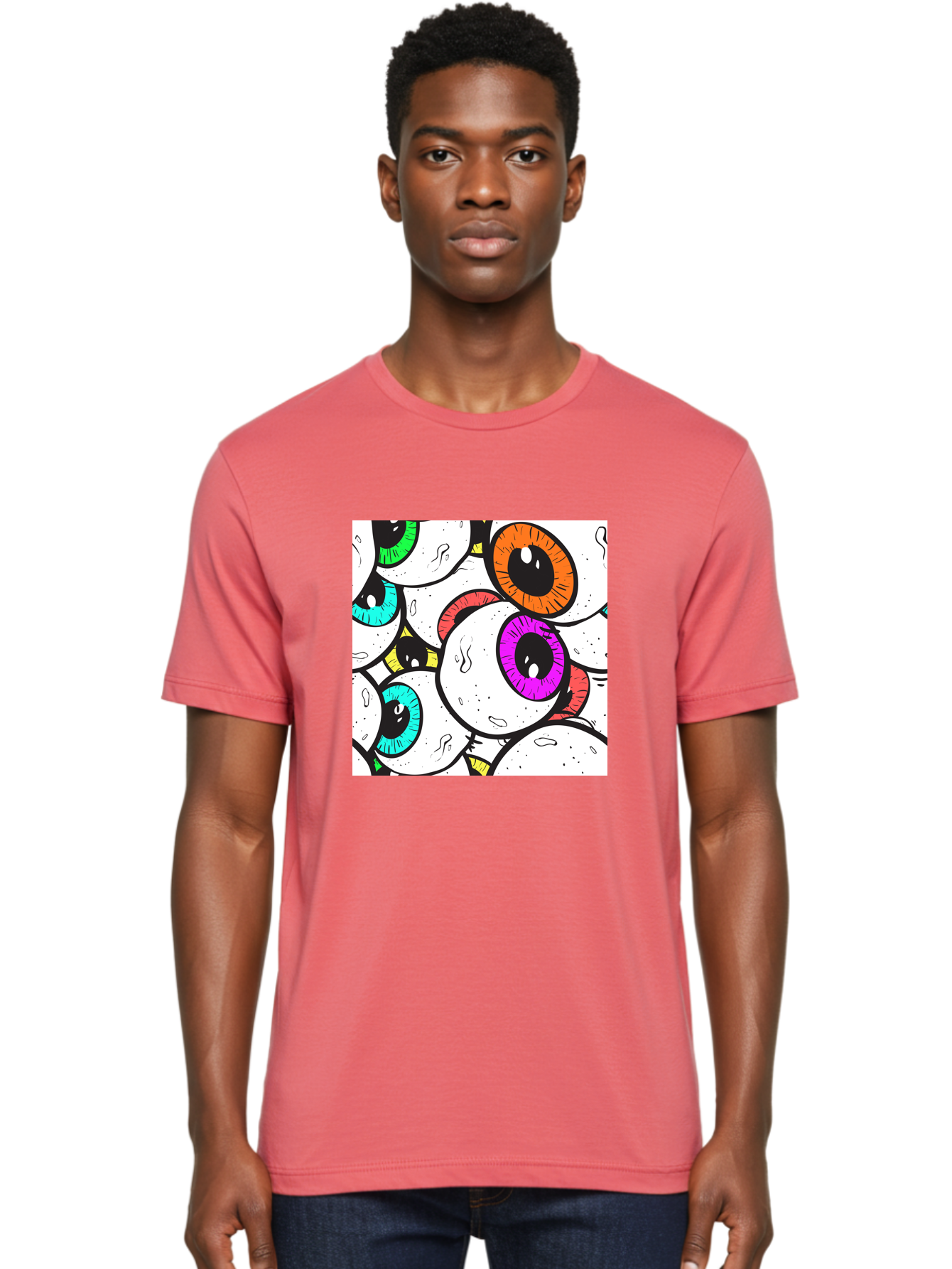 Cartoon-Eyes Men'S Graphic Tee, 100% Cotton, Comfortable Casual Summer Wear, Machine Washable, Cartoon Eyes, Vibrant Colors, Colorful Irises, Eyeballs, Illustration Art, Quirky Design, Playful Graphics, Eye-Catching Visuals, Modern Graphics, Aac381