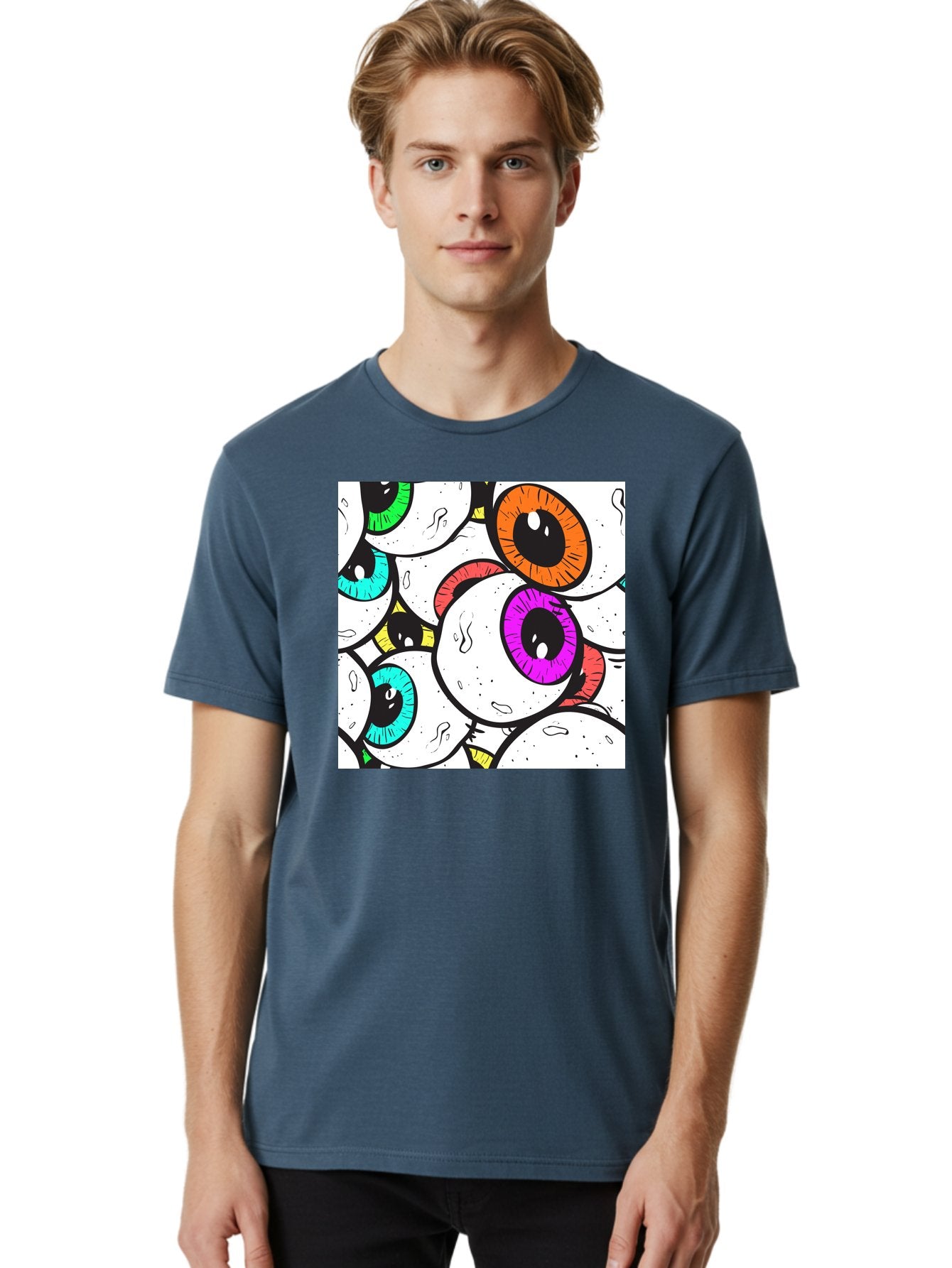 Cartoon-Eyes Men'S Graphic Tee, 100% Cotton, Comfortable Casual Summer Wear, Machine Washable, Cartoon Eyes, Vibrant Colors, Colorful Irises, Eyeballs, Illustration Art, Quirky Design, Playful Graphics, Eye-Catching Visuals, Modern Graphics, Aac381 25