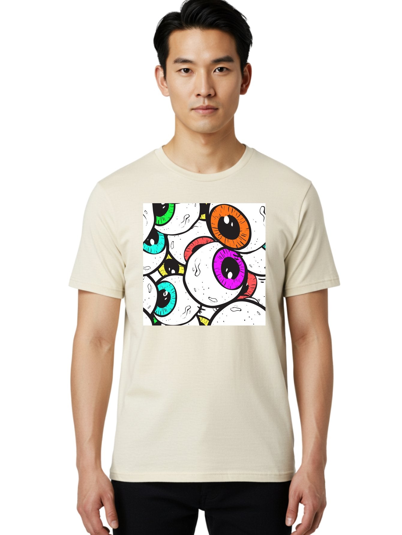 Cartoon-Eyes Men'S Graphic Tee, 100% Cotton, Comfortable Casual Summer Wear, Machine Washable, Cartoon Eyes, Vibrant Colors, Colorful Irises, Eyeballs, Illustration Art, Quirky Design, Playful Graphics, Eye-Catching Visuals, Modern Graphics, Aac381 24