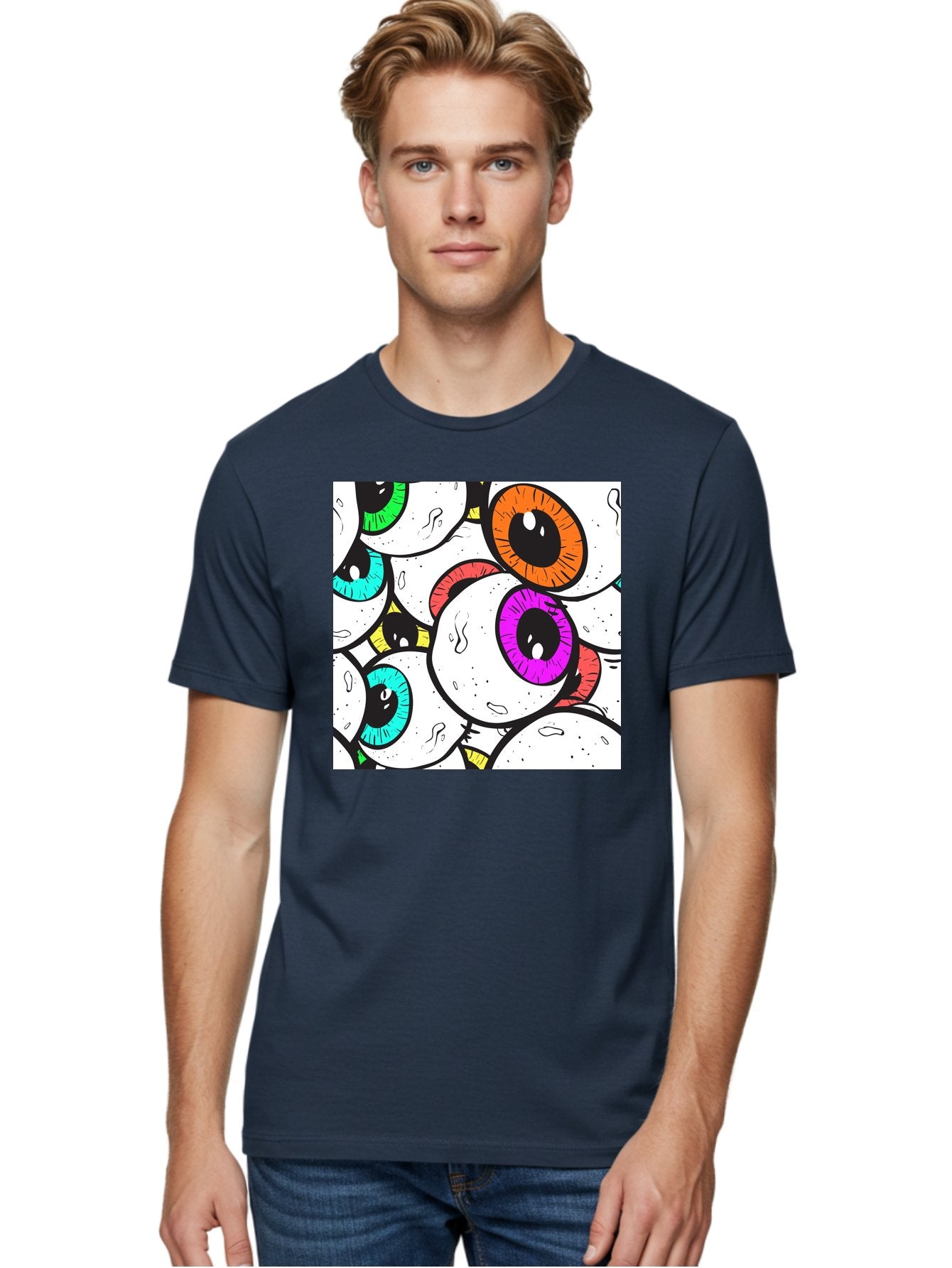 Cartoon-Eyes Men'S Graphic Tee, 100% Cotton, Comfortable Casual Summer Wear, Machine Washable, Cartoon Eyes, Vibrant Colors, Colorful Irises, Eyeballs, Illustration Art, Quirky Design, Playful Graphics, Eye-Catching Visuals, Modern Graphics, Aac381 26