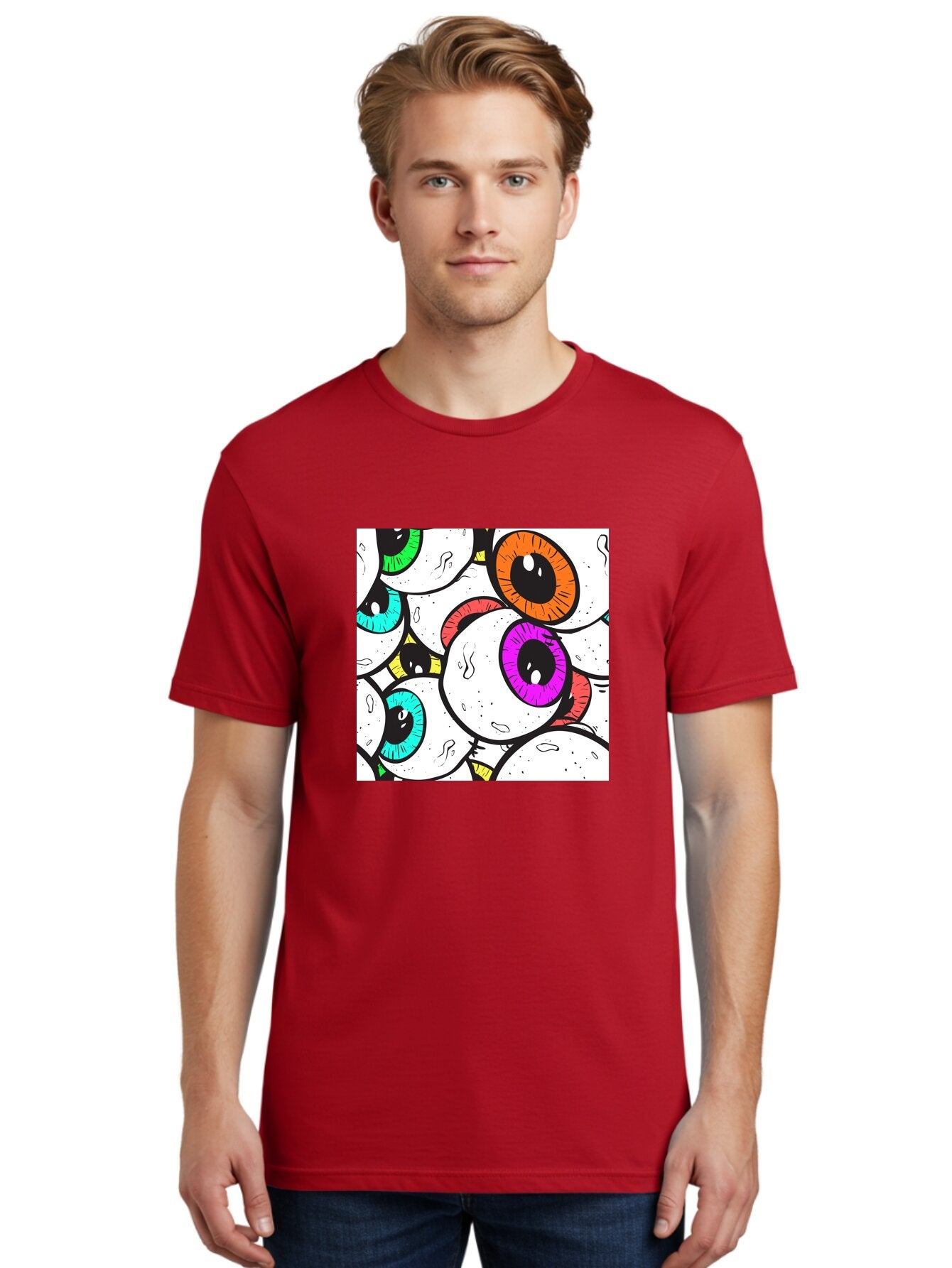 Cartoon-Eyes Men'S Graphic Tee, 100% Cotton, Comfortable Casual Summer Wear, Machine Washable, Cartoon Eyes, Vibrant Colors, Colorful Irises, Eyeballs, Illustration Art, Quirky Design, Playful Graphics, Eye-Catching Visuals, Modern Graphics, Aac381 29