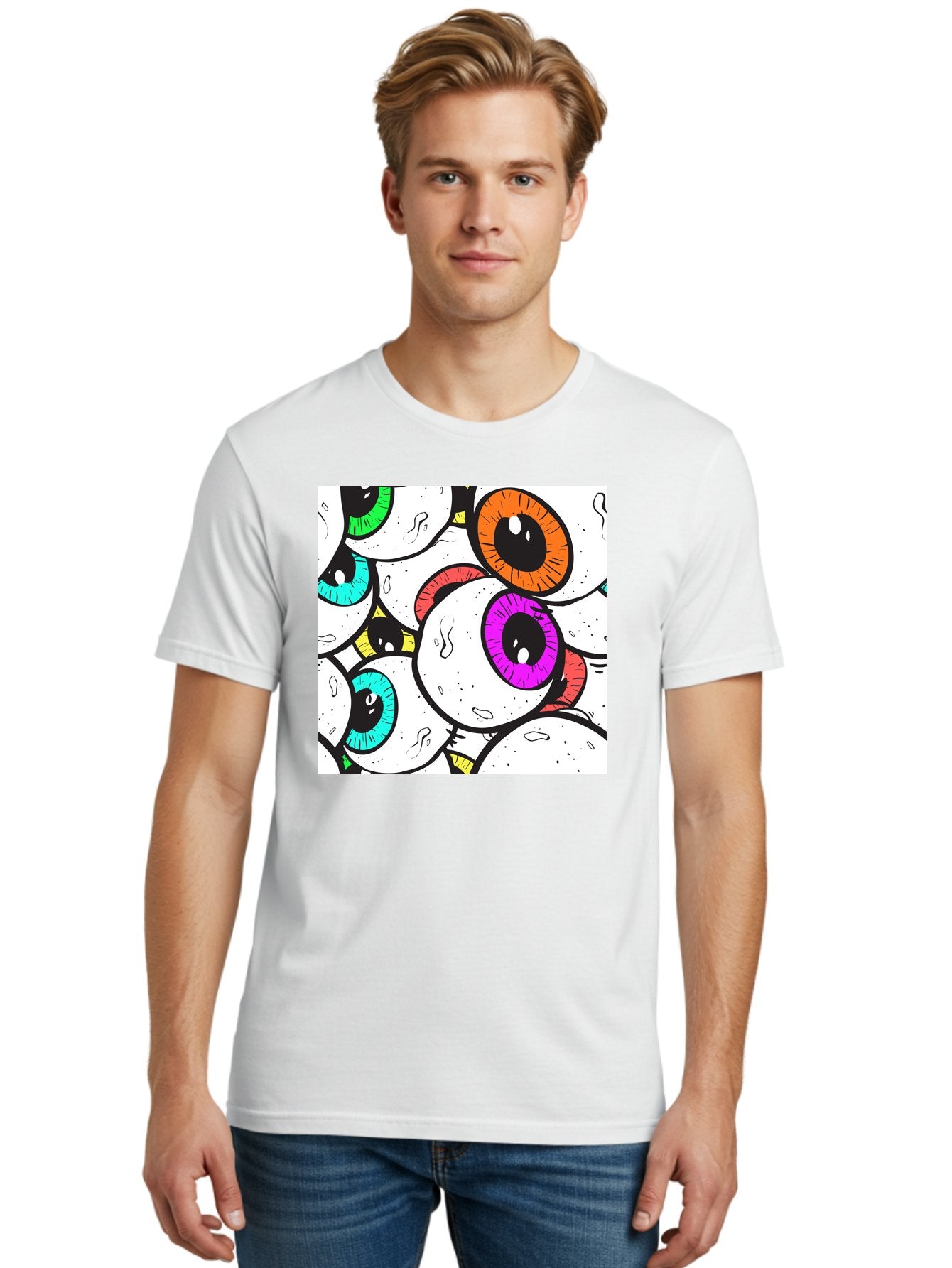 Cartoon-Eyes Men'S Graphic Tee, 100% Cotton, Comfortable Casual Summer Wear, Machine Washable, Cartoon Eyes, Vibrant Colors, Colorful Irises, Eyeballs, Illustration Art, Quirky Design, Playful Graphics, Eye-Catching Visuals, Modern Graphics, Aac381 20