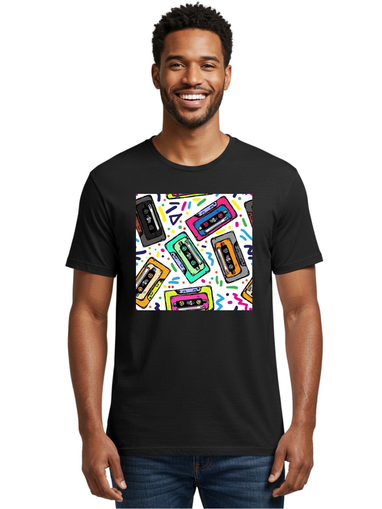 Cassette-Tapes-Pattern Men'S Graphic Tee, 100% Cotton, Comfortable Casual Summer Wear, Machine Washable, Retro Cassette Tapes, Vintage Music, Colorful Design, Nostalgic Feel, Playful Patterns, 80S And 90S Nostalgia, Music Lover Gift Aac382 29