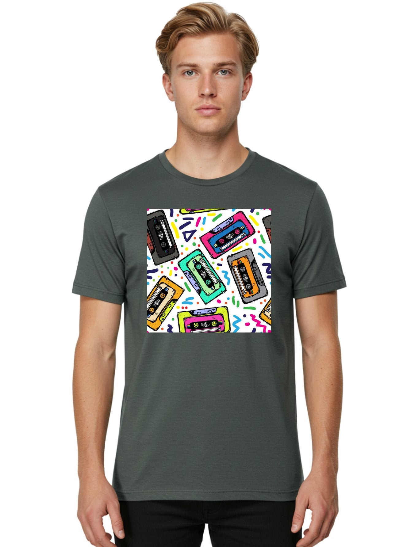 Cassette-Tapes-Pattern Men'S Graphic Tee, 100% Cotton, Comfortable Casual Summer Wear, Machine Washable, Retro Cassette Tapes, Vintage Music, Colorful Design, Nostalgic Feel, Playful Patterns, 80S And 90S Nostalgia, Music Lover Gift Aac382 23
