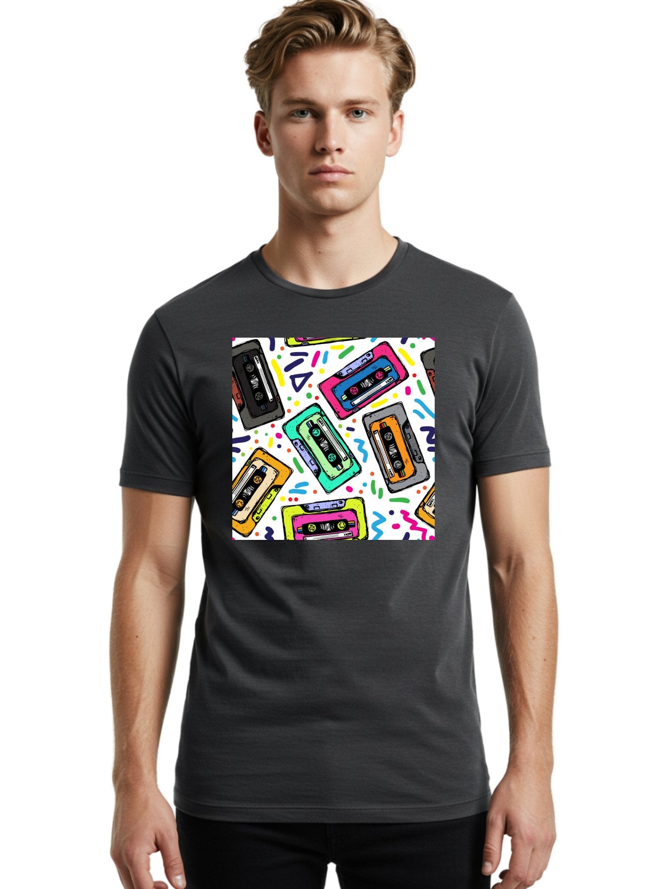 Cassette-Tapes-Pattern Men'S Graphic Tee, 100% Cotton, Comfortable Casual Summer Wear, Machine Washable, Retro Cassette Tapes, Vintage Music, Colorful Design, Nostalgic Feel, Playful Patterns, 80S And 90S Nostalgia, Music Lover Gift Aac382 22