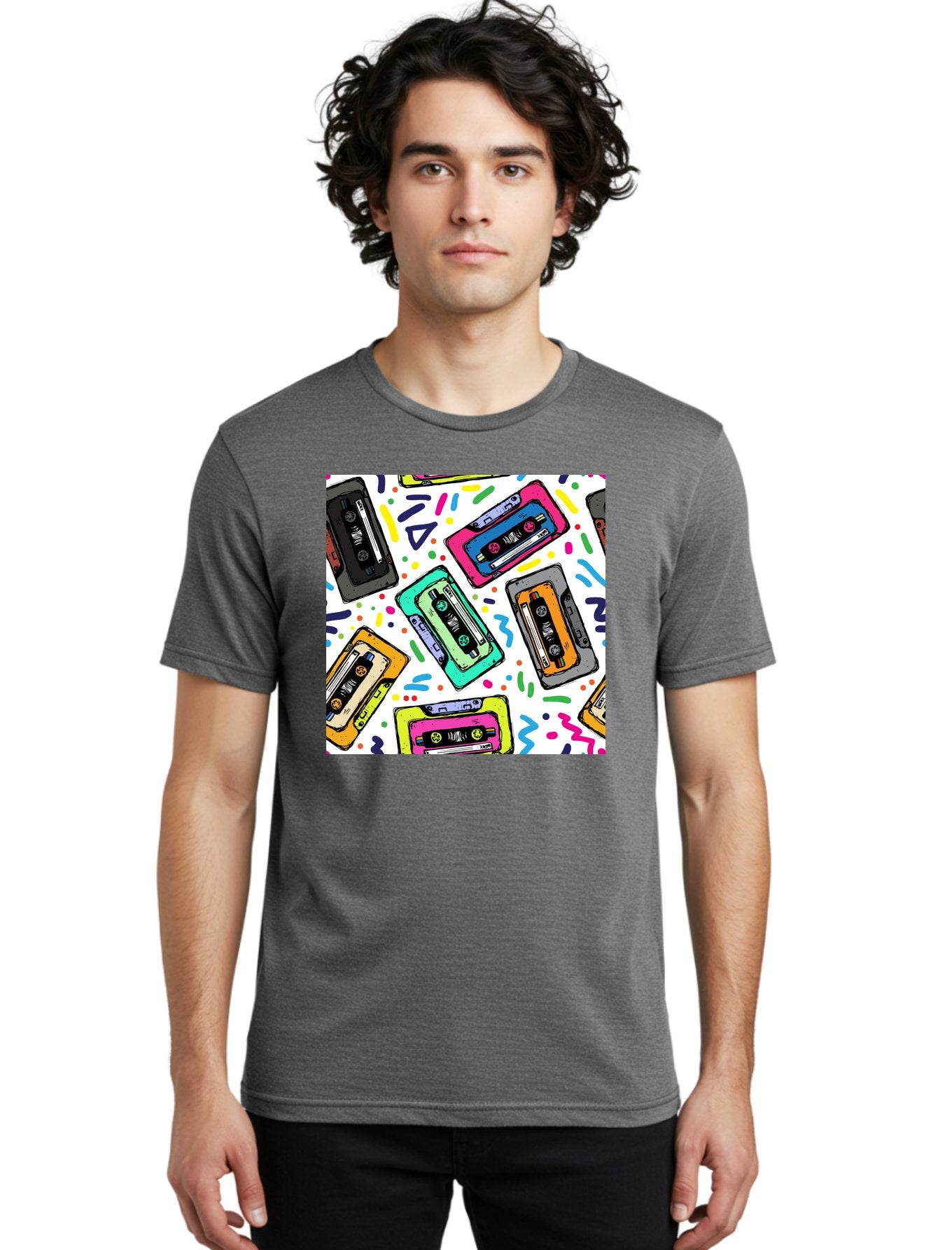 Cassette-Tapes-Pattern Men'S Graphic Tee, 100% Cotton, Comfortable Casual Summer Wear, Machine Washable, Retro Cassette Tapes, Vintage Music, Colorful Design, Nostalgic Feel, Playful Patterns, 80S And 90S Nostalgia, Music Lover Gift Aac382 16
