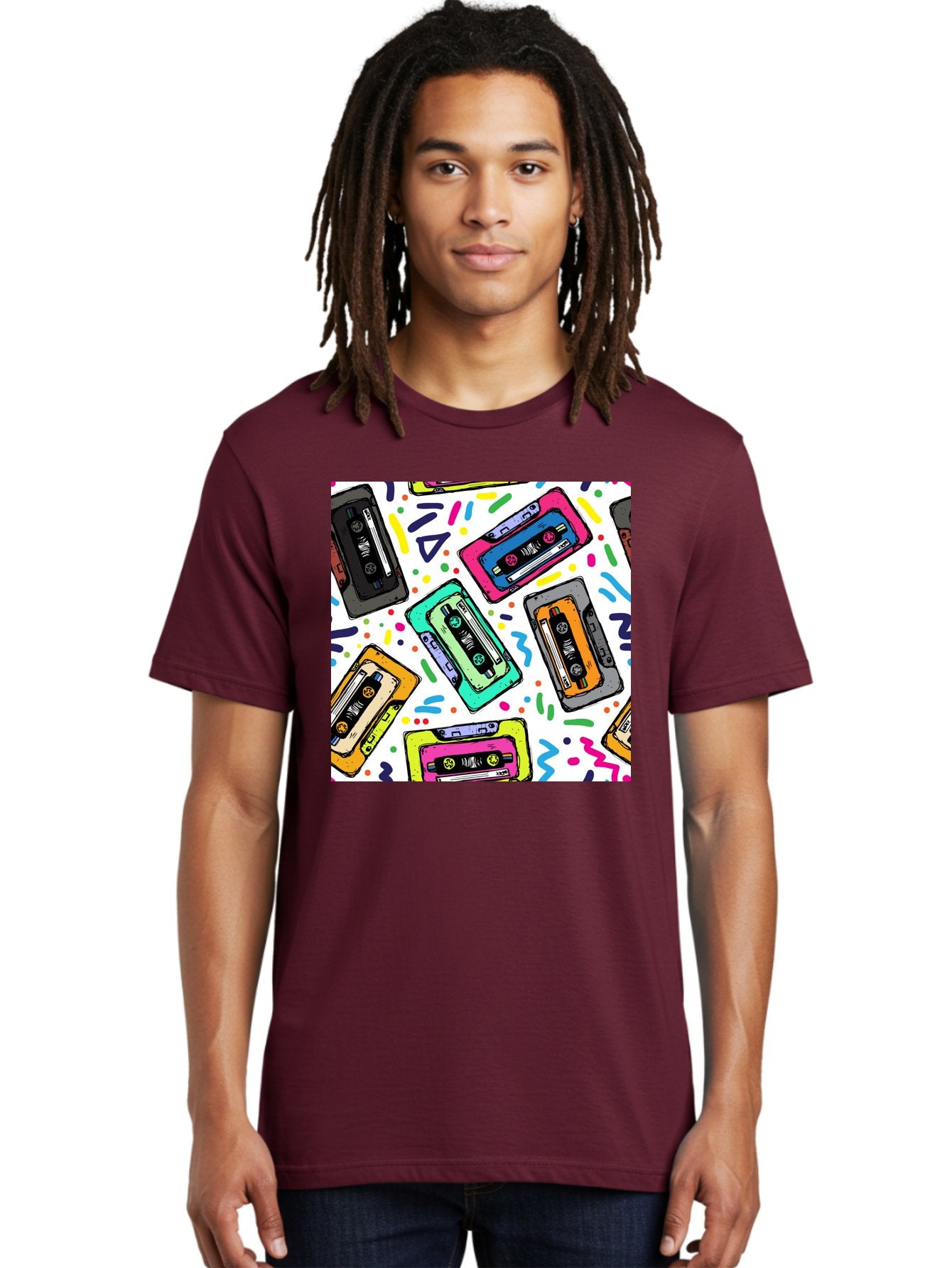 Cassette-Tapes-Pattern Men'S Graphic Tee, 100% Cotton, Comfortable Casual Summer Wear, Machine Washable, Retro Cassette Tapes, Vintage Music, Colorful Design, Nostalgic Feel, Playful Patterns, 80S And 90S Nostalgia, Music Lover Gift Aac382 27