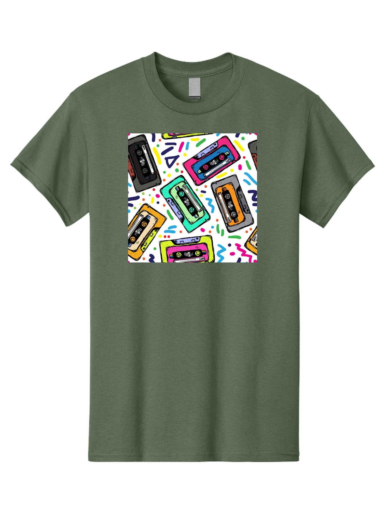Cassette-Tapes-Pattern Men'S Graphic Tee, 100% Cotton, Comfortable Casual Summer Wear, Machine Washable, Retro Cassette Tapes, Vintage Music, Colorful Design, Nostalgic Feel, Playful Patterns, 80S And 90S Nostalgia, Music Lover Gift Aac382