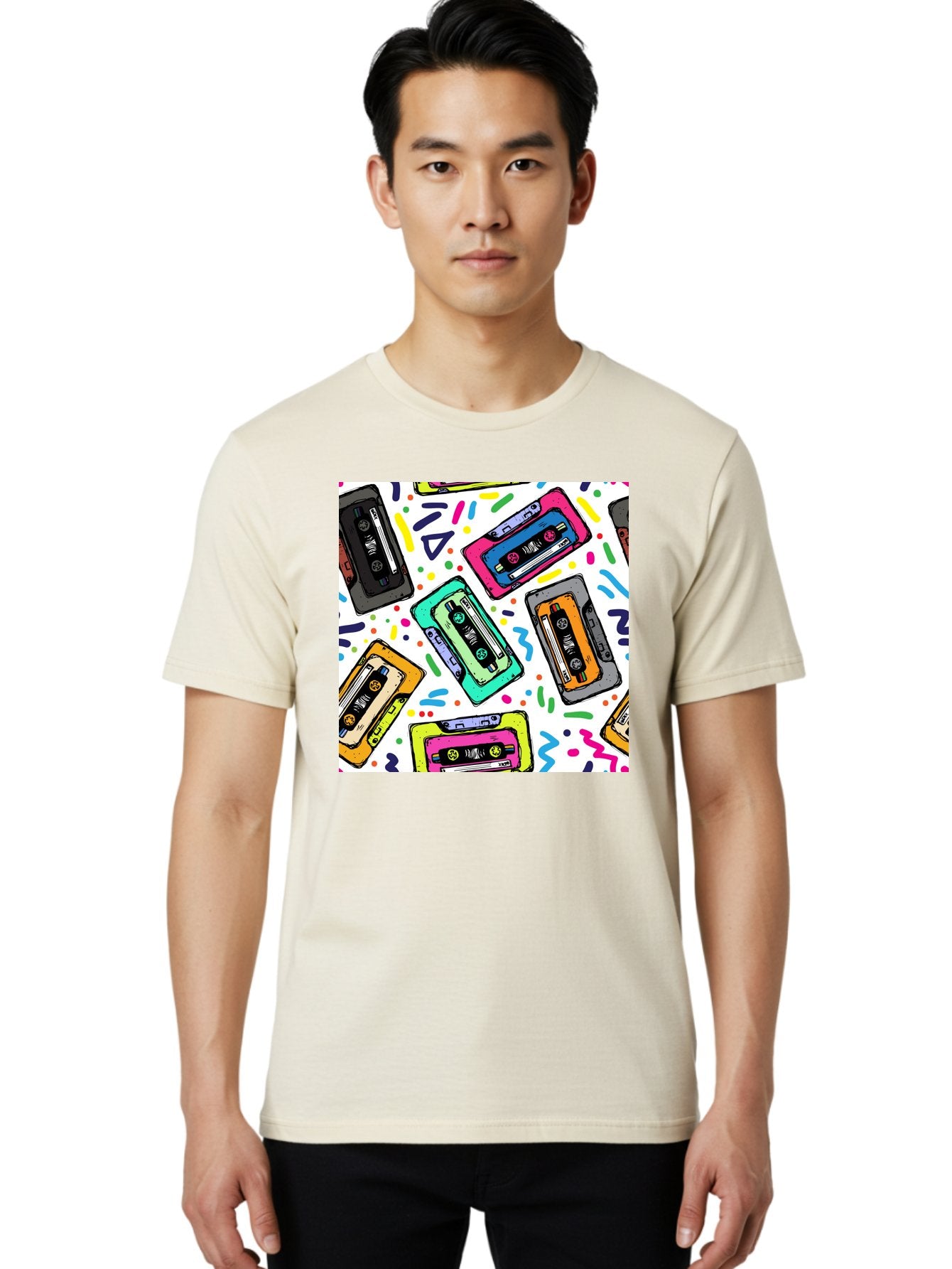 Cassette-Tapes-Pattern Men'S Graphic Tee, 100% Cotton, Comfortable Casual Summer Wear, Machine Washable, Retro Cassette Tapes, Vintage Music, Colorful Design, Nostalgic Feel, Playful Patterns, 80S And 90S Nostalgia, Music Lover Gift Aac382 24