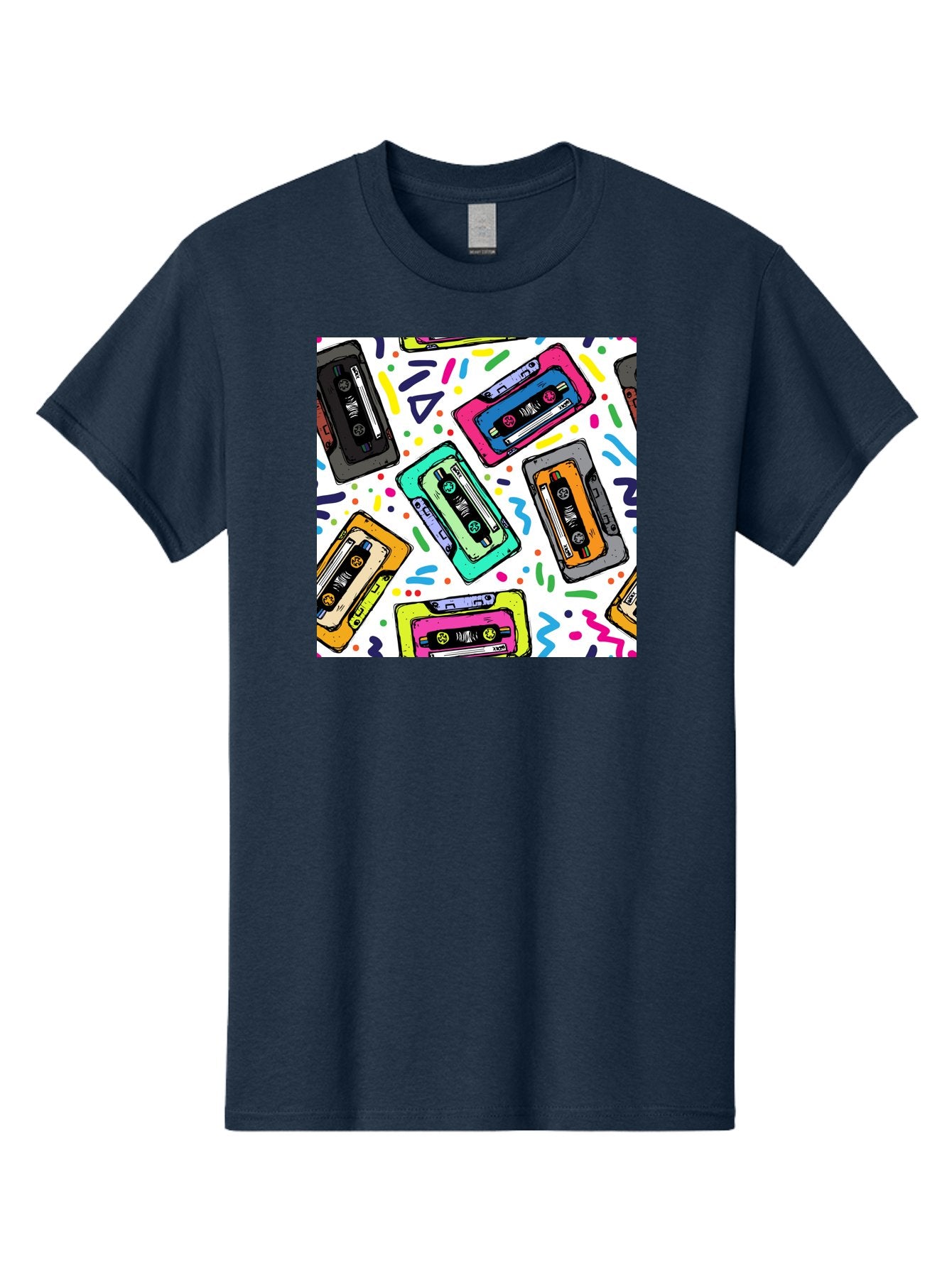 Cassette-Tapes-Pattern Men'S Graphic Tee, 100% Cotton, Comfortable Casual Summer Wear, Machine Washable, Retro Cassette Tapes, Vintage Music, Colorful Design, Nostalgic Feel, Playful Patterns, 80S And 90S Nostalgia, Music Lover Gift Aac382
