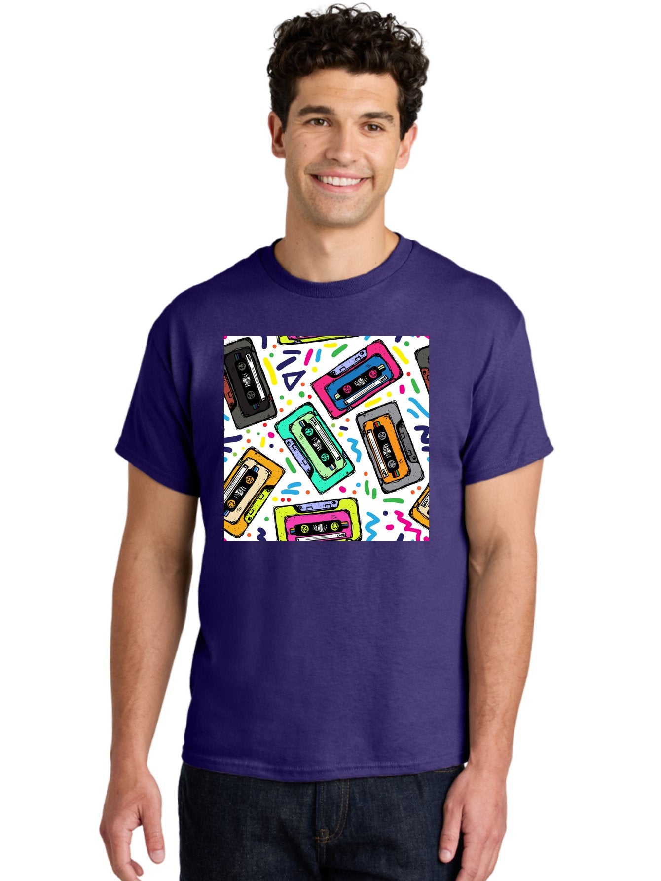 Cassette-Tapes-Pattern Men'S Graphic Tee, 100% Cotton, Comfortable Casual Summer Wear, Machine Washable, Retro Cassette Tapes, Vintage Music, Colorful Design, Nostalgic Feel, Playful Patterns, 80S And 90S Nostalgia, Music Lover Gift Aac382 28