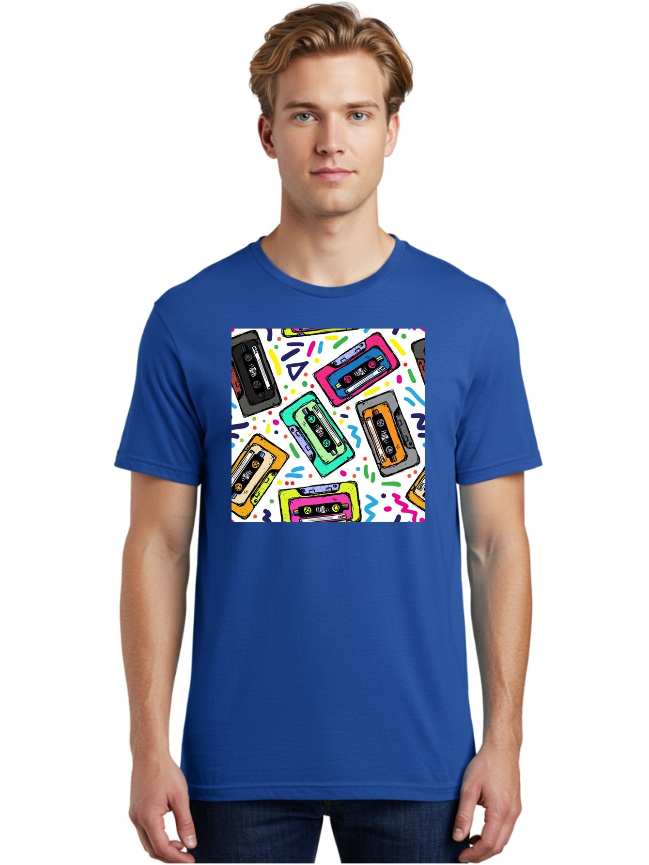 Cassette-Tapes-Pattern Men'S Graphic Tee, 100% Cotton, Comfortable Casual Summer Wear, Machine Washable, Retro Cassette Tapes, Vintage Music, Colorful Design, Nostalgic Feel, Playful Patterns, 80S And 90S Nostalgia, Music Lover Gift Aac382 17