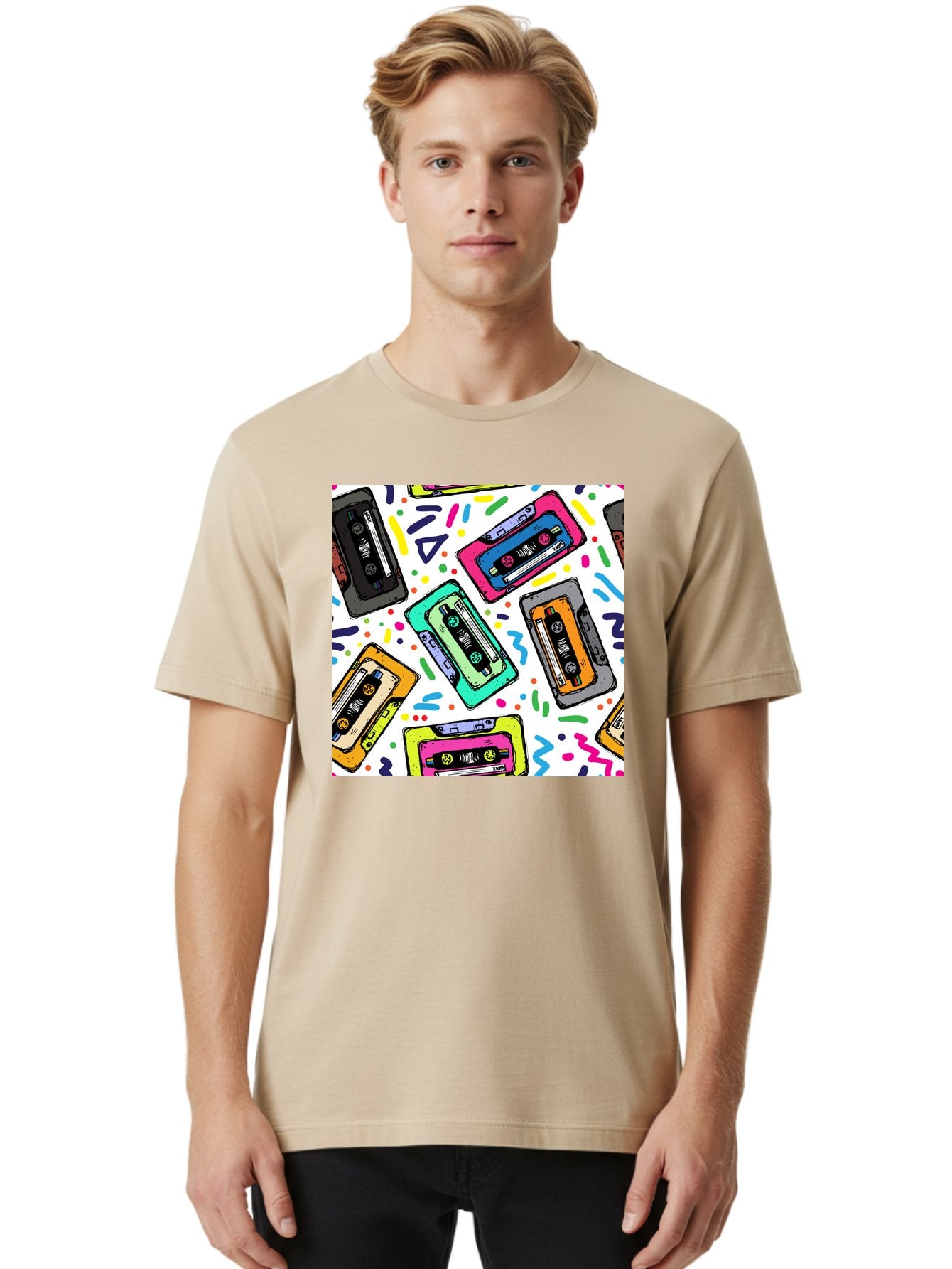 Cassette-Tapes-Pattern Men'S Graphic Tee, 100% Cotton, Comfortable Casual Summer Wear, Machine Washable, Retro Cassette Tapes, Vintage Music, Colorful Design, Nostalgic Feel, Playful Patterns, 80S And 90S Nostalgia, Music Lover Gift Aac382 18