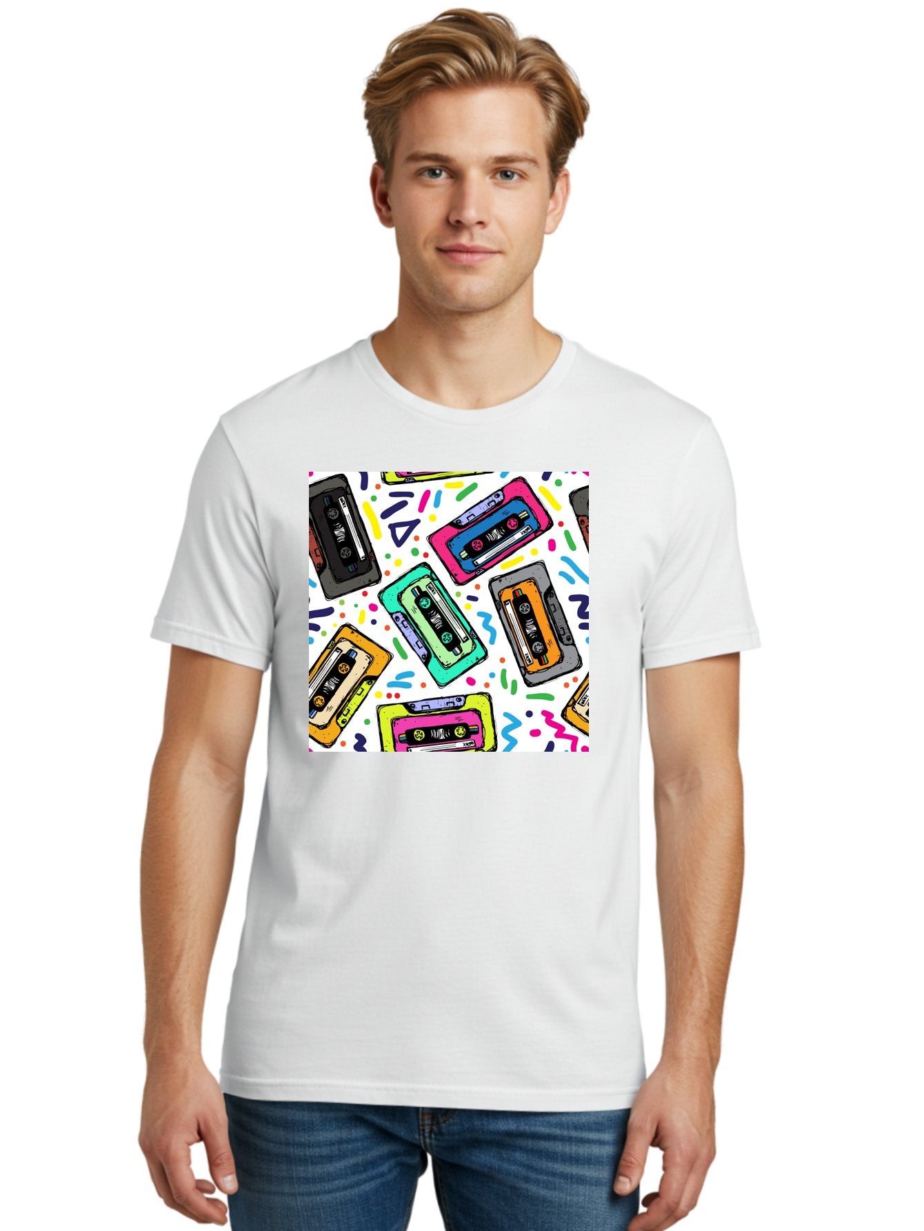 Cassette-Tapes-Pattern Men'S Graphic Tee, 100% Cotton, Comfortable Casual Summer Wear, Machine Washable, Retro Cassette Tapes, Vintage Music, Colorful Design, Nostalgic Feel, Playful Patterns, 80S And 90S Nostalgia, Music Lover Gift Aac382 26
