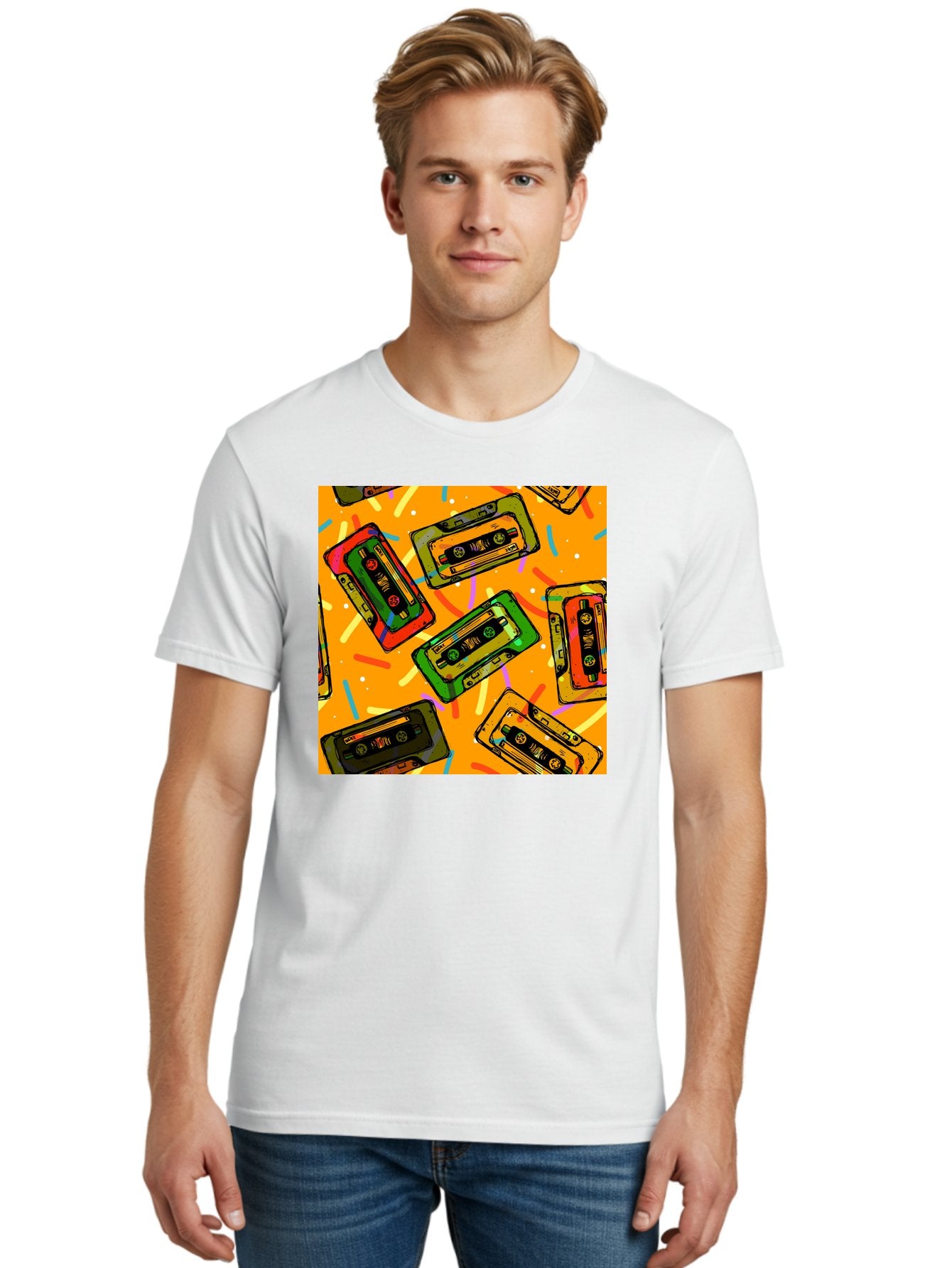 Cassette-Tapes Men'S Graphic Tee, 100% Cotton, Comfortable Casual Summer Wear, Machine Washable, Retro Cassette Tapes, Vintage Music, Colorful Illustration, Nostalgic Tech, 80S And 90S Memorabilia, Mix Tape Culture, Music Nostalgia, Aac383 22