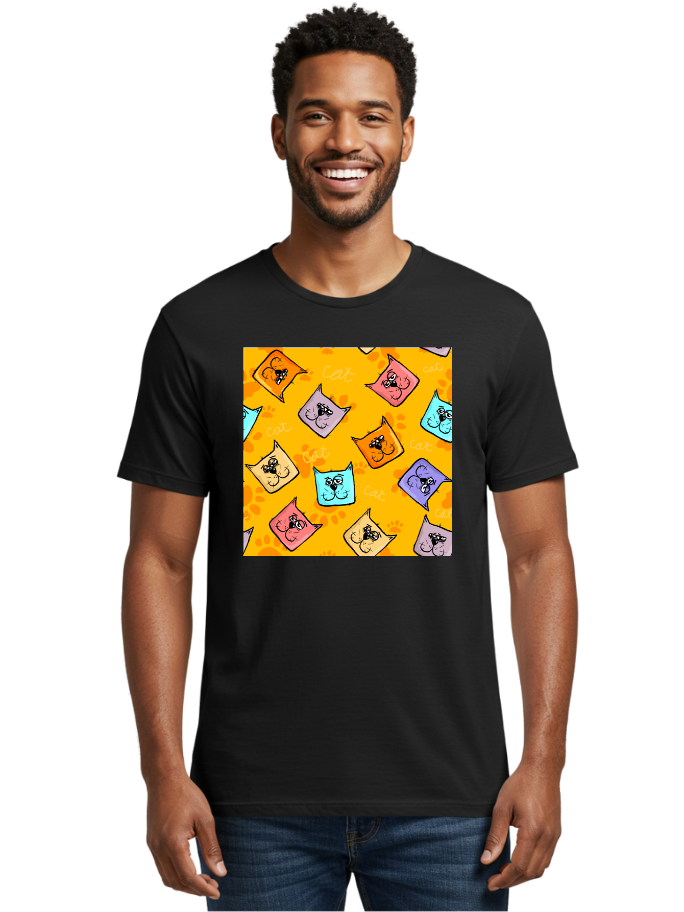 Cat-Pattern Men'S Graphic Tee, 100% Cotton, Comfortable Casual Summer Wear, Machine Washable, Cartoon Cats, Pastel Colors, Cat Faces, Playful Pattern, Cute Animals, Whimsical Design, Feline Friends, Adorable Illustrations, Fun Graphics, Aac384 18