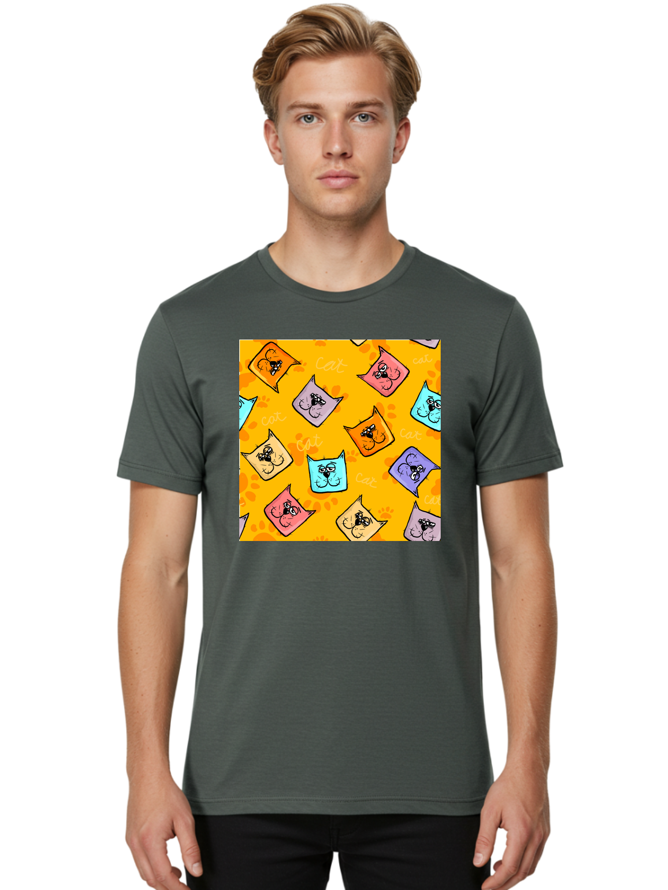 Cat-Pattern Men'S Graphic Tee, 100% Cotton, Comfortable Casual Summer Wear, Machine Washable, Cartoon Cats, Pastel Colors, Cat Faces, Playful Pattern, Cute Animals, Whimsical Design, Feline Friends, Adorable Illustrations, Fun Graphics, Aac384 30