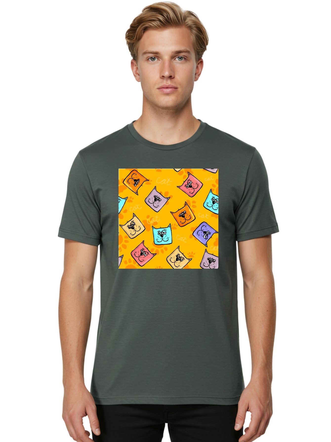 Cat-Pattern Men'S Graphic Tee, 100% Cotton, Comfortable Casual Summer Wear, Machine Washable, Cartoon Cats, Pastel Colors, Cat Faces, Playful Pattern, Cute Animals, Whimsical Design, Feline Friends, Adorable Illustrations, Fun Graphics, Aac384 20