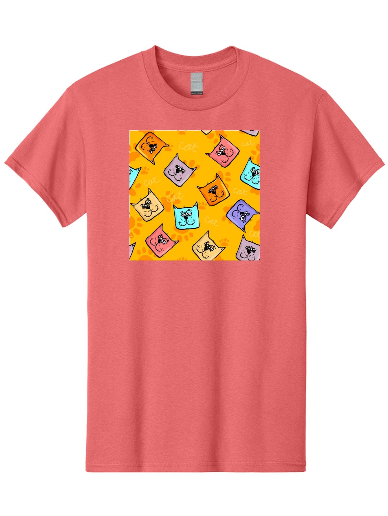 Cat-Pattern Men'S Graphic Tee, 100% Cotton, Comfortable Casual Summer Wear, Machine Washable, Cartoon Cats, Pastel Colors, Cat Faces, Playful Pattern, Cute Animals, Whimsical Design, Feline Friends, Adorable Illustrations, Fun Graphics, Aac384 8