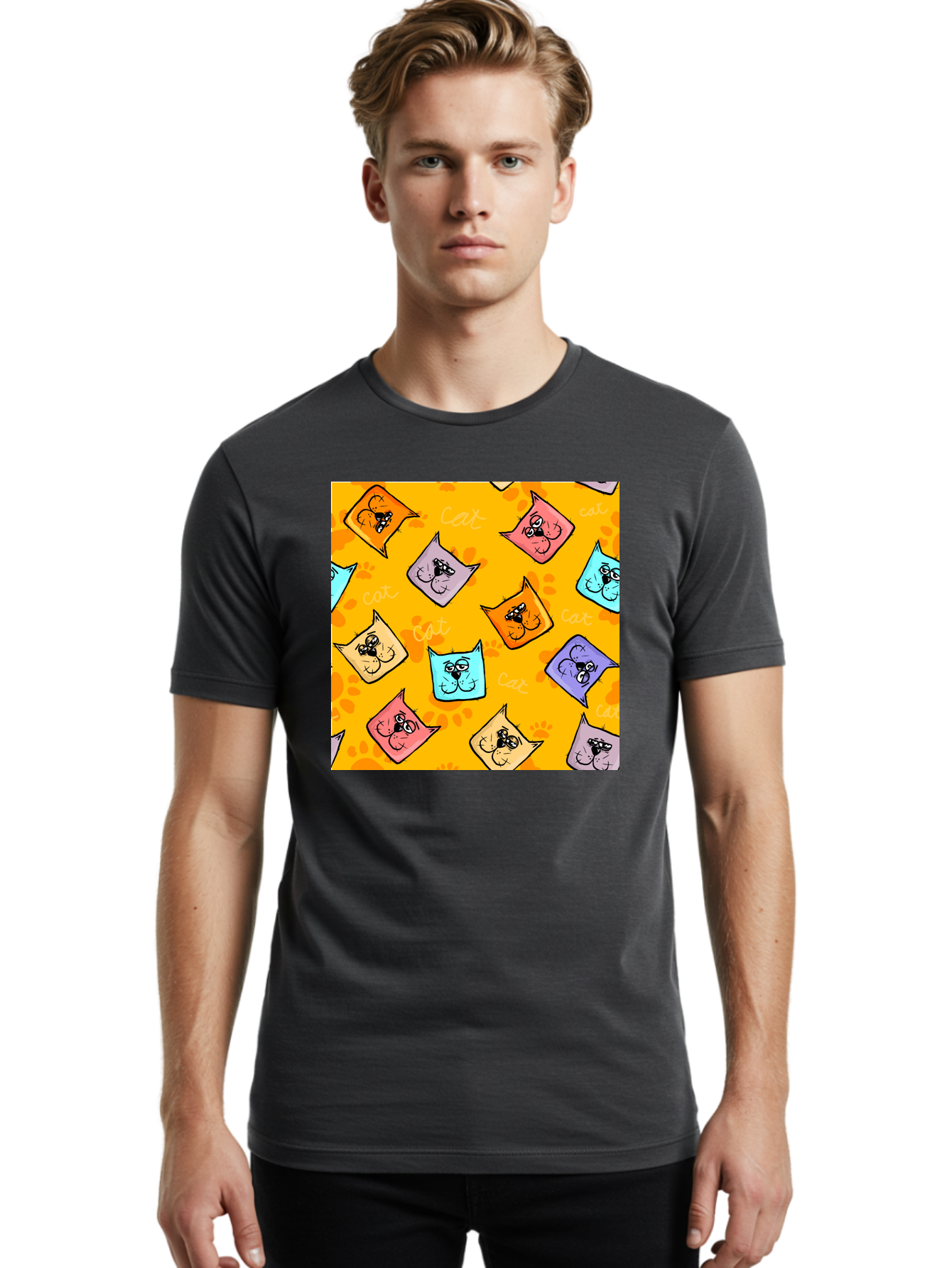 Cat-Pattern Men'S Graphic Tee, 100% Cotton, Comfortable Casual Summer Wear, Machine Washable, Cartoon Cats, Pastel Colors, Cat Faces, Playful Pattern, Cute Animals, Whimsical Design, Feline Friends, Adorable Illustrations, Fun Graphics, Aac384 28