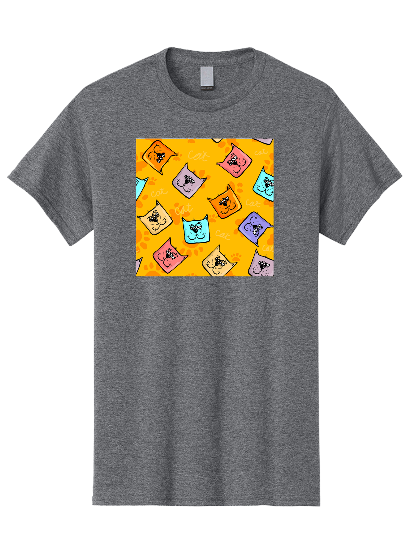 Cat-Pattern Men'S Graphic Tee, 100% Cotton, Comfortable Casual Summer Wear, Machine Washable, Cartoon Cats, Pastel Colors, Cat Faces, Playful Pattern, Cute Animals, Whimsical Design, Feline Friends, Adorable Illustrations, Fun Graphics, Aac384