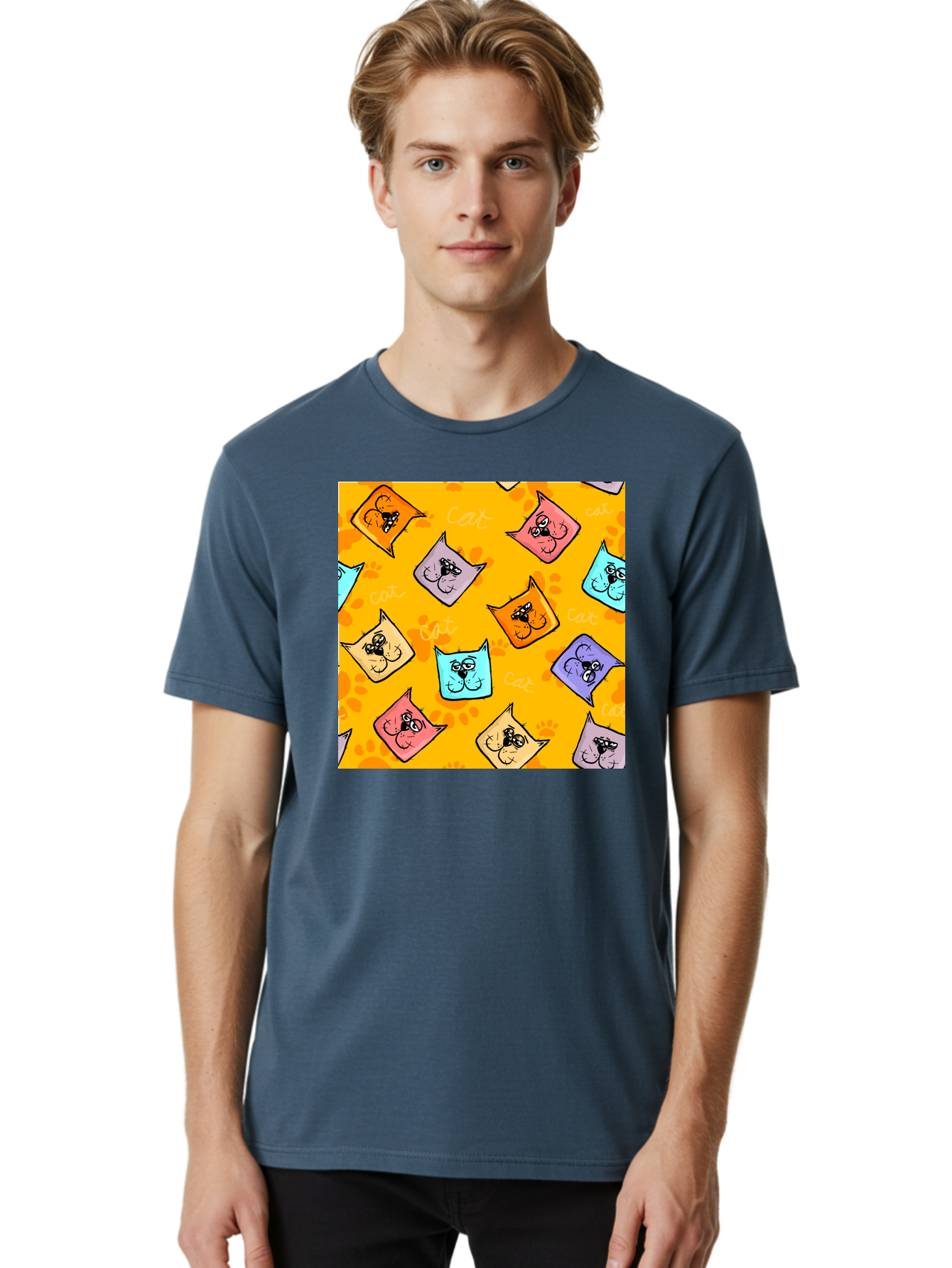 Cat-Pattern Men'S Graphic Tee, 100% Cotton, Comfortable Casual Summer Wear, Machine Washable, Cartoon Cats, Pastel Colors, Cat Faces, Playful Pattern, Cute Animals, Whimsical Design, Feline Friends, Adorable Illustrations, Fun Graphics, Aac384 4