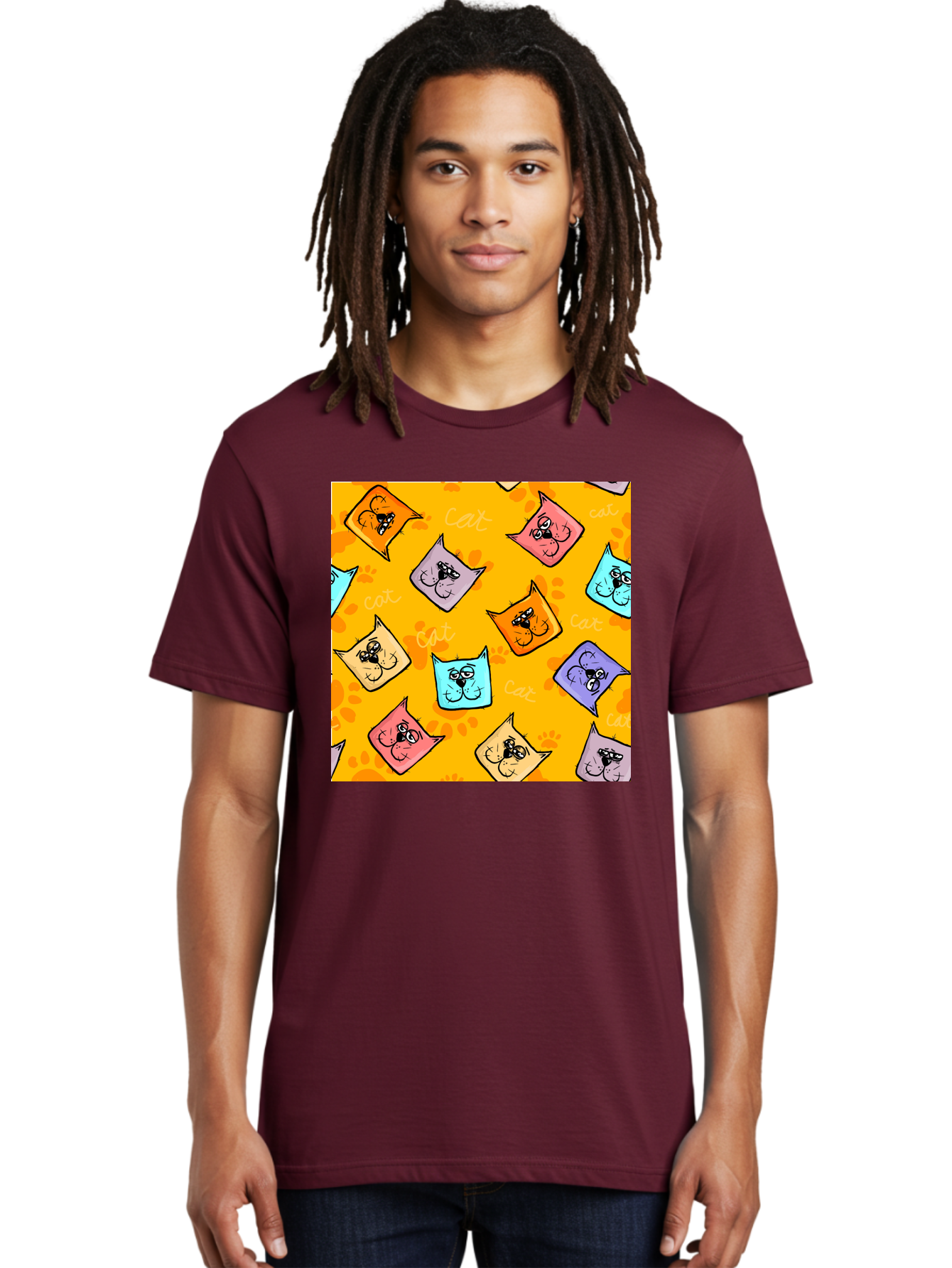 Cat-Pattern Men'S Graphic Tee, 100% Cotton, Comfortable Casual Summer Wear, Machine Washable, Cartoon Cats, Pastel Colors, Cat Faces, Playful Pattern, Cute Animals, Whimsical Design, Feline Friends, Adorable Illustrations, Fun Graphics, Aac384 10