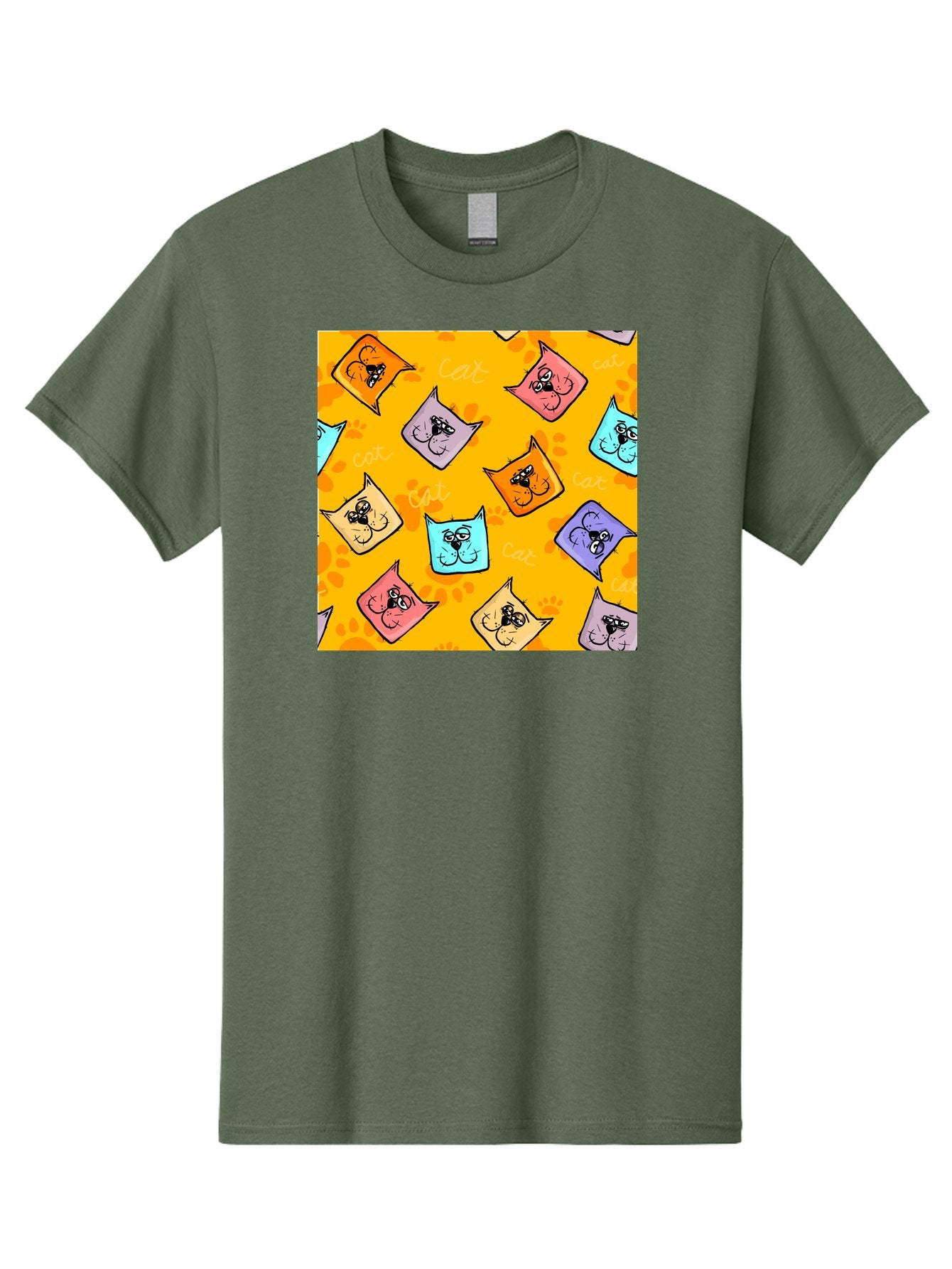 Cat-Pattern Men'S Graphic Tee, 100% Cotton, Comfortable Casual Summer Wear, Machine Washable, Cartoon Cats, Pastel Colors, Cat Faces, Playful Pattern, Cute Animals, Whimsical Design, Feline Friends, Adorable Illustrations, Fun Graphics, Aac384