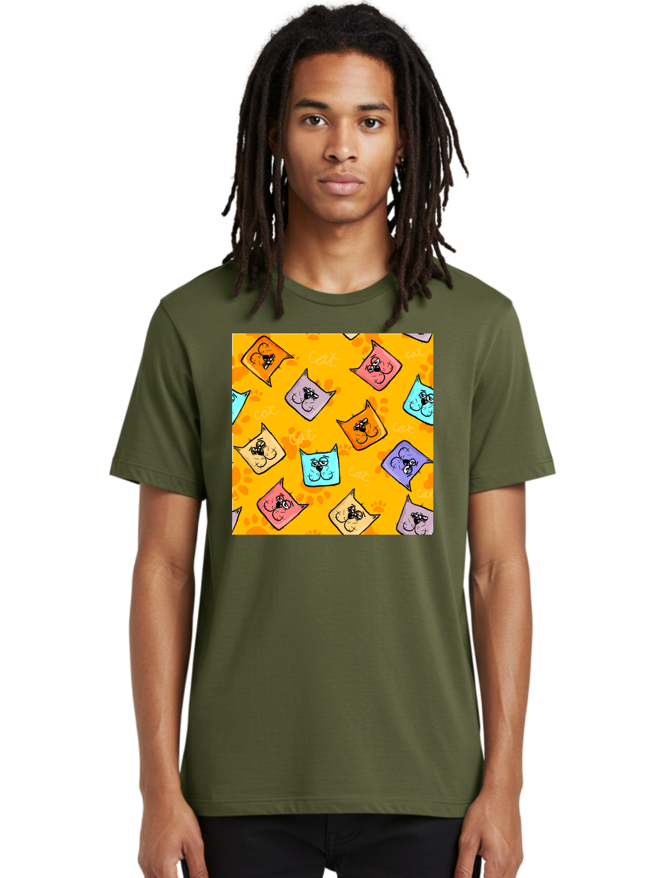 Cat-Pattern Men'S Graphic Tee, 100% Cotton, Comfortable Casual Summer Wear, Machine Washable, Cartoon Cats, Pastel Colors, Cat Faces, Playful Pattern, Cute Animals, Whimsical Design, Feline Friends, Adorable Illustrations, Fun Graphics, Aac384 20