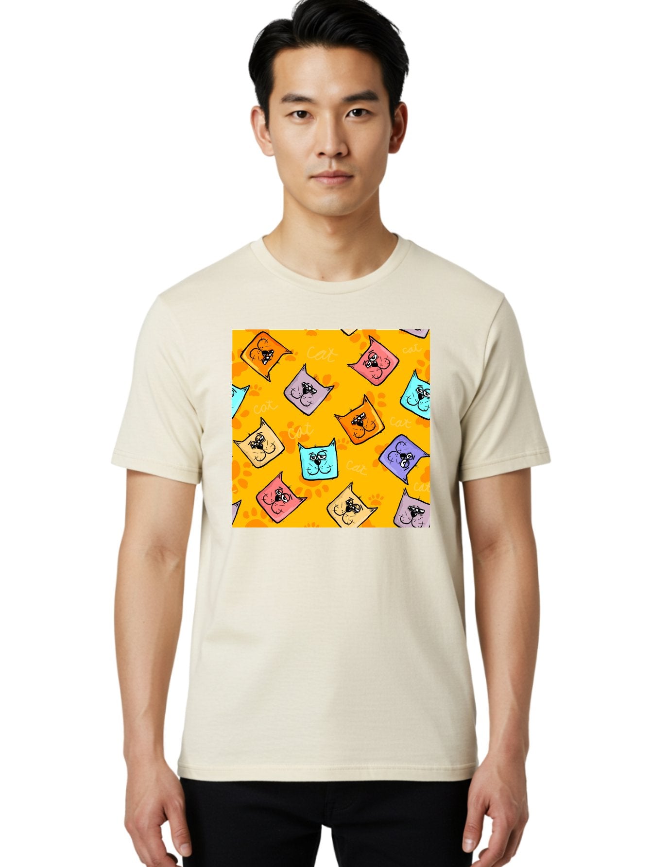 Cat-Pattern Men'S Graphic Tee, 100% Cotton, Comfortable Casual Summer Wear, Machine Washable, Cartoon Cats, Pastel Colors, Cat Faces, Playful Pattern, Cute Animals, Whimsical Design, Feline Friends, Adorable Illustrations, Fun Graphics, Aac384 16