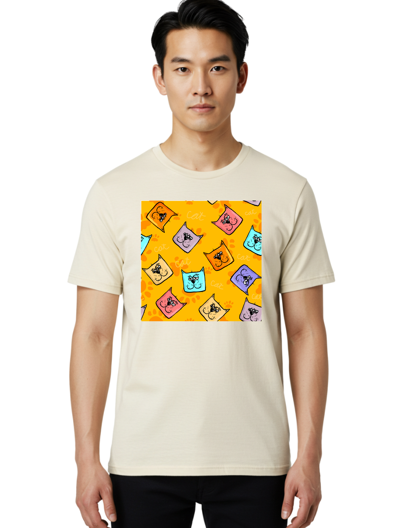 Cat-Pattern Men'S Graphic Tee, 100% Cotton, Comfortable Casual Summer Wear, Machine Washable, Cartoon Cats, Pastel Colors, Cat Faces, Playful Pattern, Cute Animals, Whimsical Design, Feline Friends, Adorable Illustrations, Fun Graphics, Aac384 26