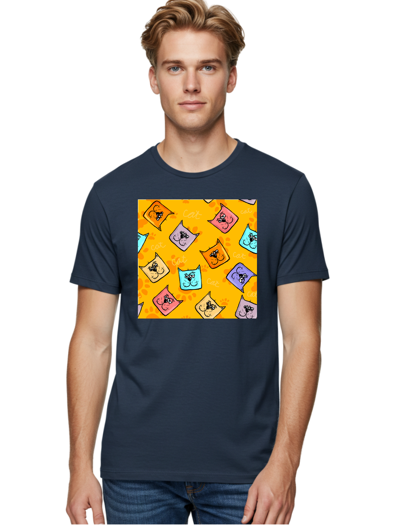 Cat-Pattern Men'S Graphic Tee, 100% Cotton, Comfortable Casual Summer Wear, Machine Washable, Cartoon Cats, Pastel Colors, Cat Faces, Playful Pattern, Cute Animals, Whimsical Design, Feline Friends, Adorable Illustrations, Fun Graphics, Aac384 24