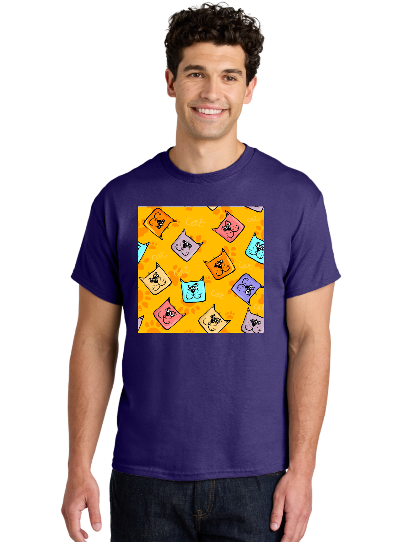 Cat-Pattern Men'S Graphic Tee, 100% Cotton, Comfortable Casual Summer Wear, Machine Washable, Cartoon Cats, Pastel Colors, Cat Faces, Playful Pattern, Cute Animals, Whimsical Design, Feline Friends, Adorable Illustrations, Fun Graphics, Aac384 16