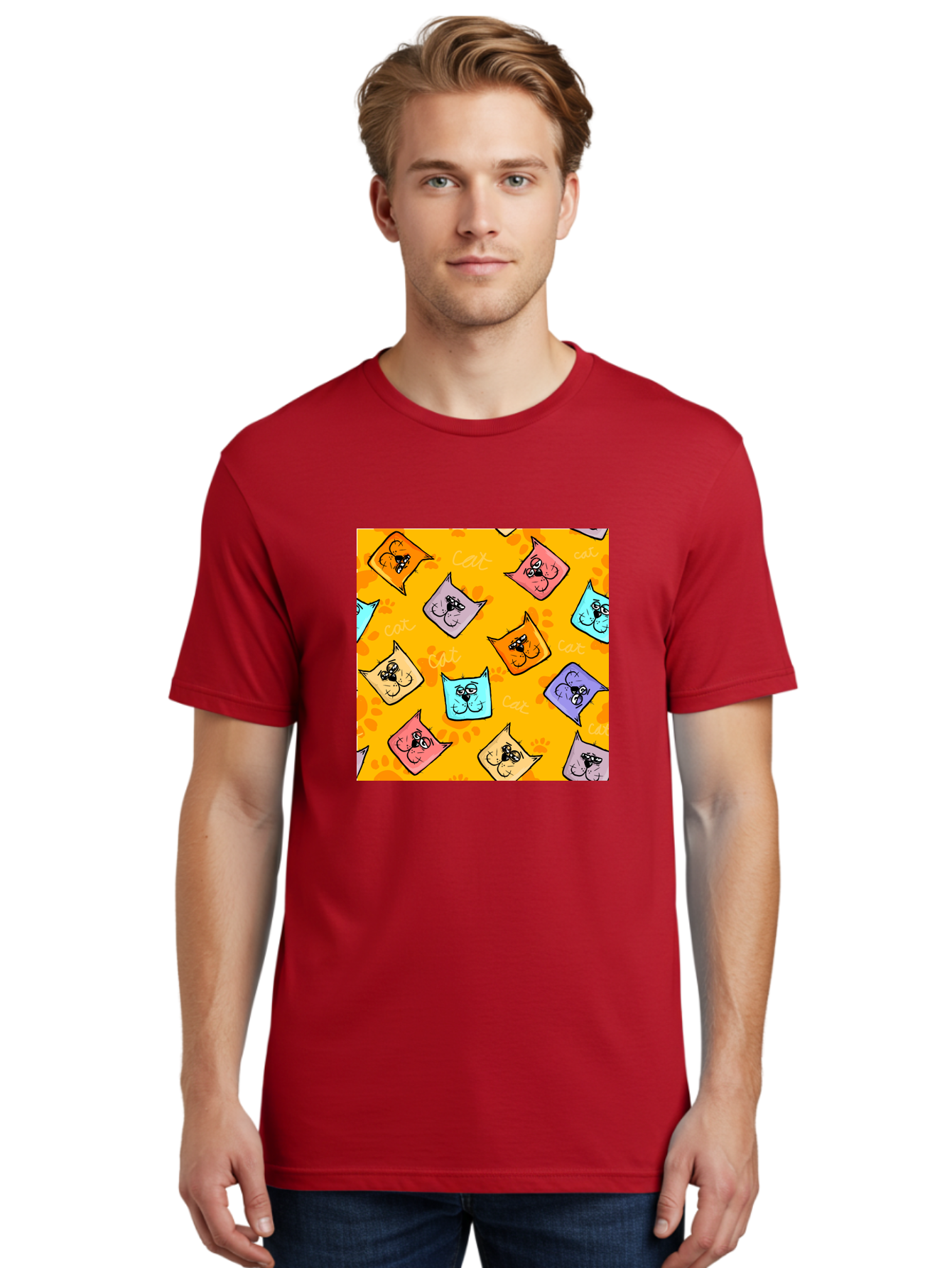 Cat-Pattern Men'S Graphic Tee, 100% Cotton, Comfortable Casual Summer Wear, Machine Washable, Cartoon Cats, Pastel Colors, Cat Faces, Playful Pattern, Cute Animals, Whimsical Design, Feline Friends, Adorable Illustrations, Fun Graphics, Aac384 22