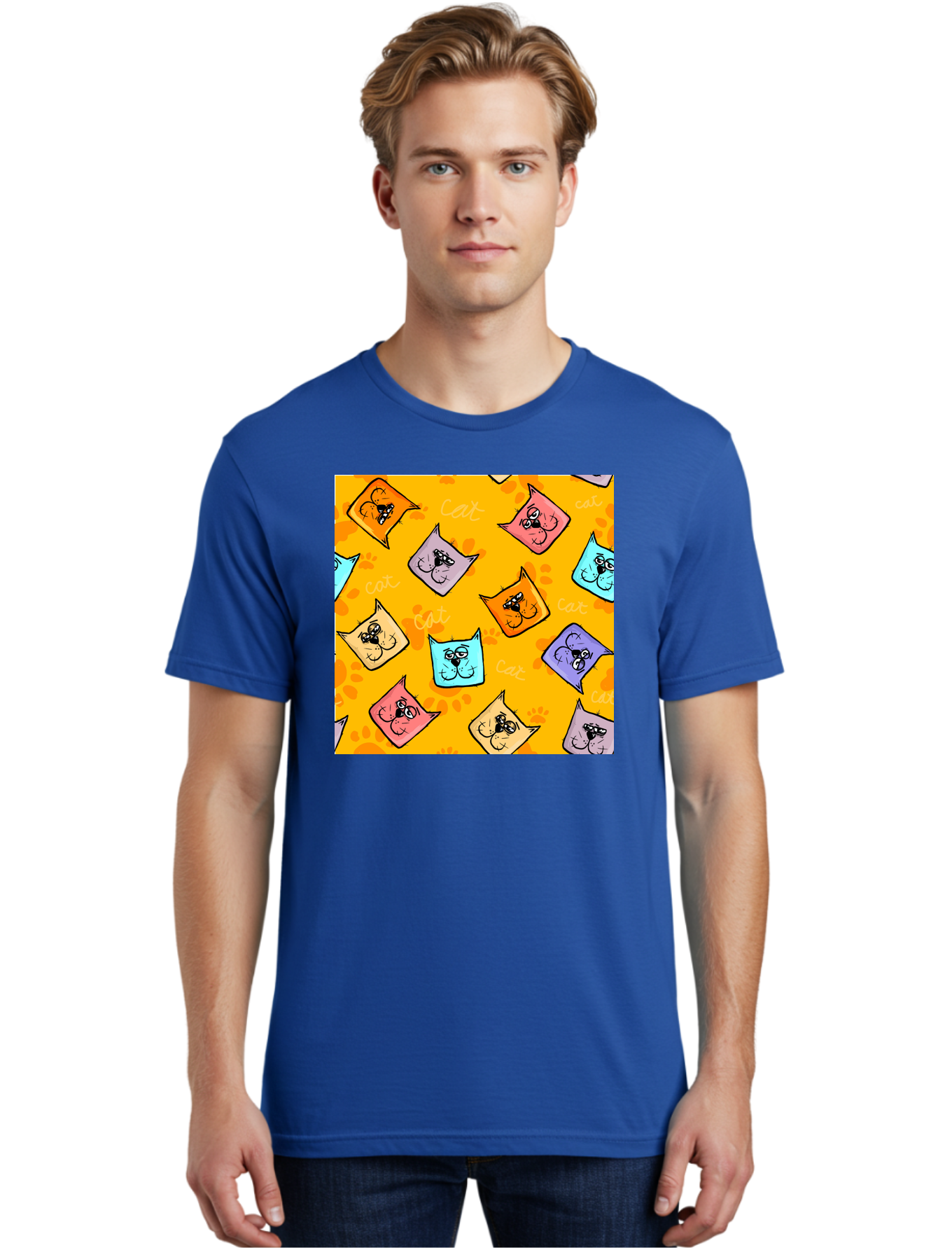 Cat-Pattern Men'S Graphic Tee, 100% Cotton, Comfortable Casual Summer Wear, Machine Washable, Cartoon Cats, Pastel Colors, Cat Faces, Playful Pattern, Cute Animals, Whimsical Design, Feline Friends, Adorable Illustrations, Fun Graphics, Aac384 6