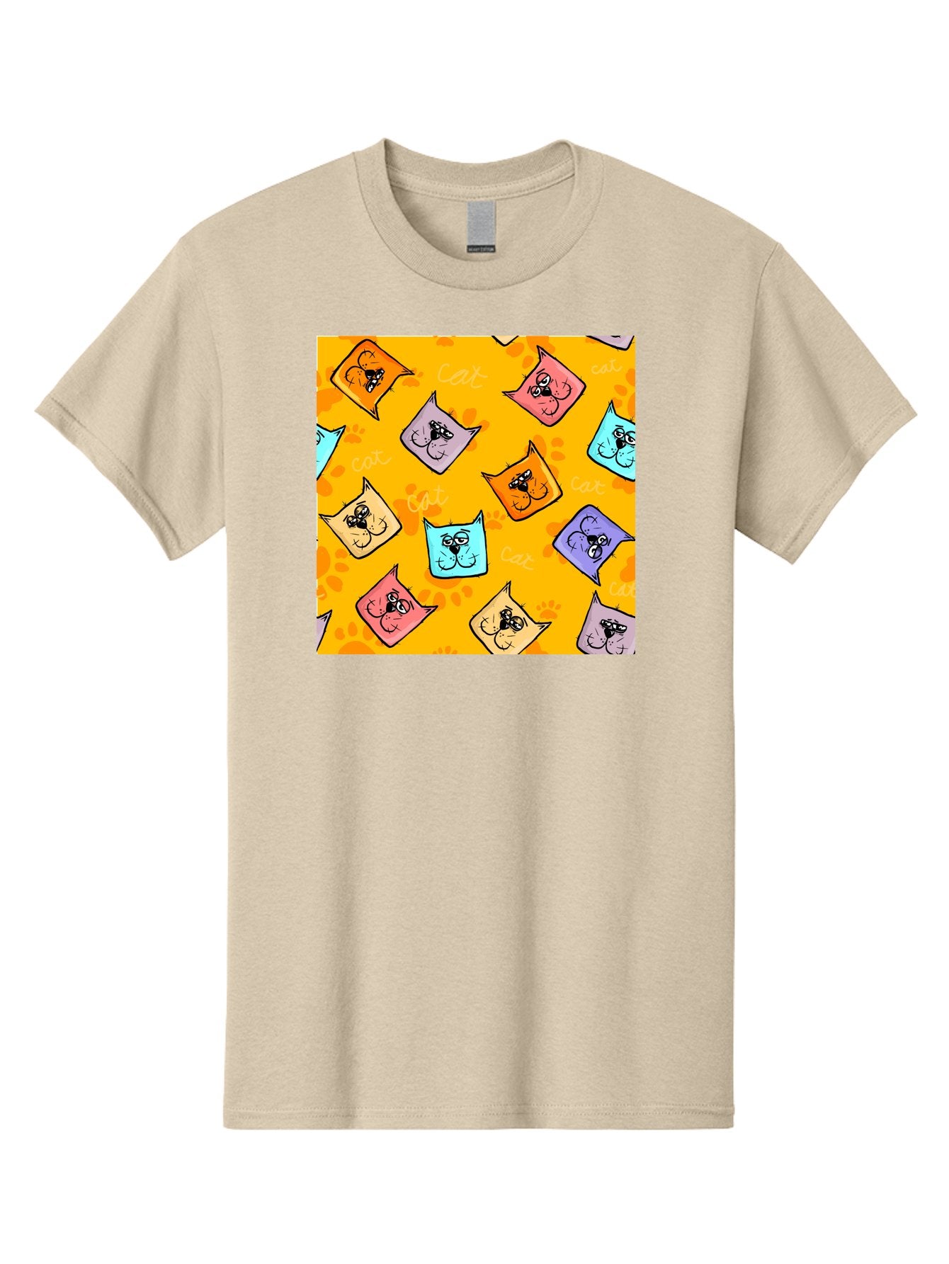 Cat-Pattern Men'S Graphic Tee, 100% Cotton, Comfortable Casual Summer Wear, Machine Washable, Cartoon Cats, Pastel Colors, Cat Faces, Playful Pattern, Cute Animals, Whimsical Design, Feline Friends, Adorable Illustrations, Fun Graphics, Aac384 11